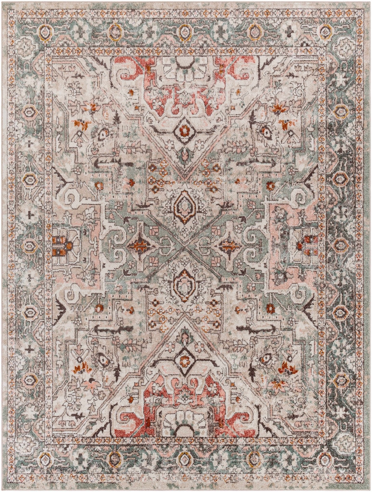 Vintage Look Green, Beige, Silver and Pink Machine Woven Area Rug - Image 16