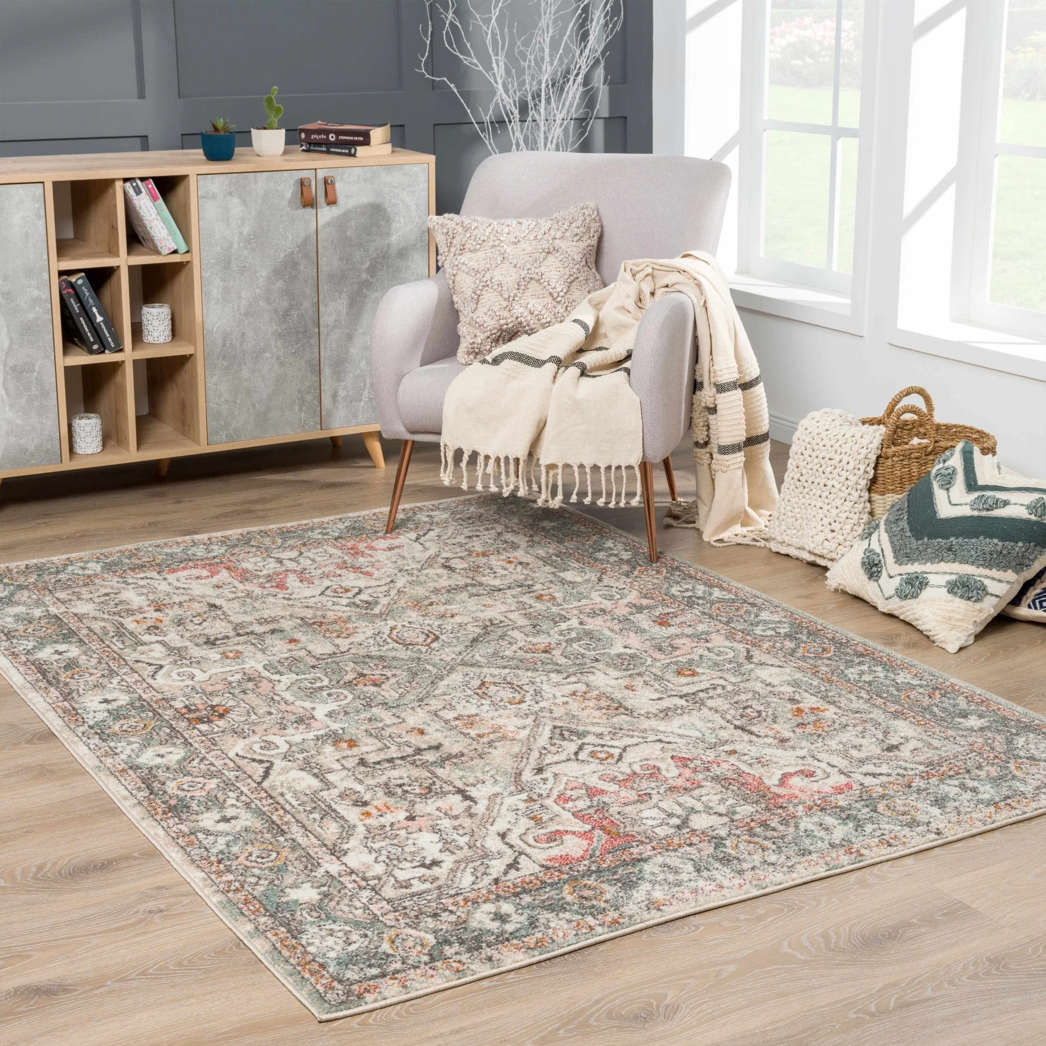 Vintage Look Green, Beige, Silver and Pink Machine Woven Area Rug - Image 3