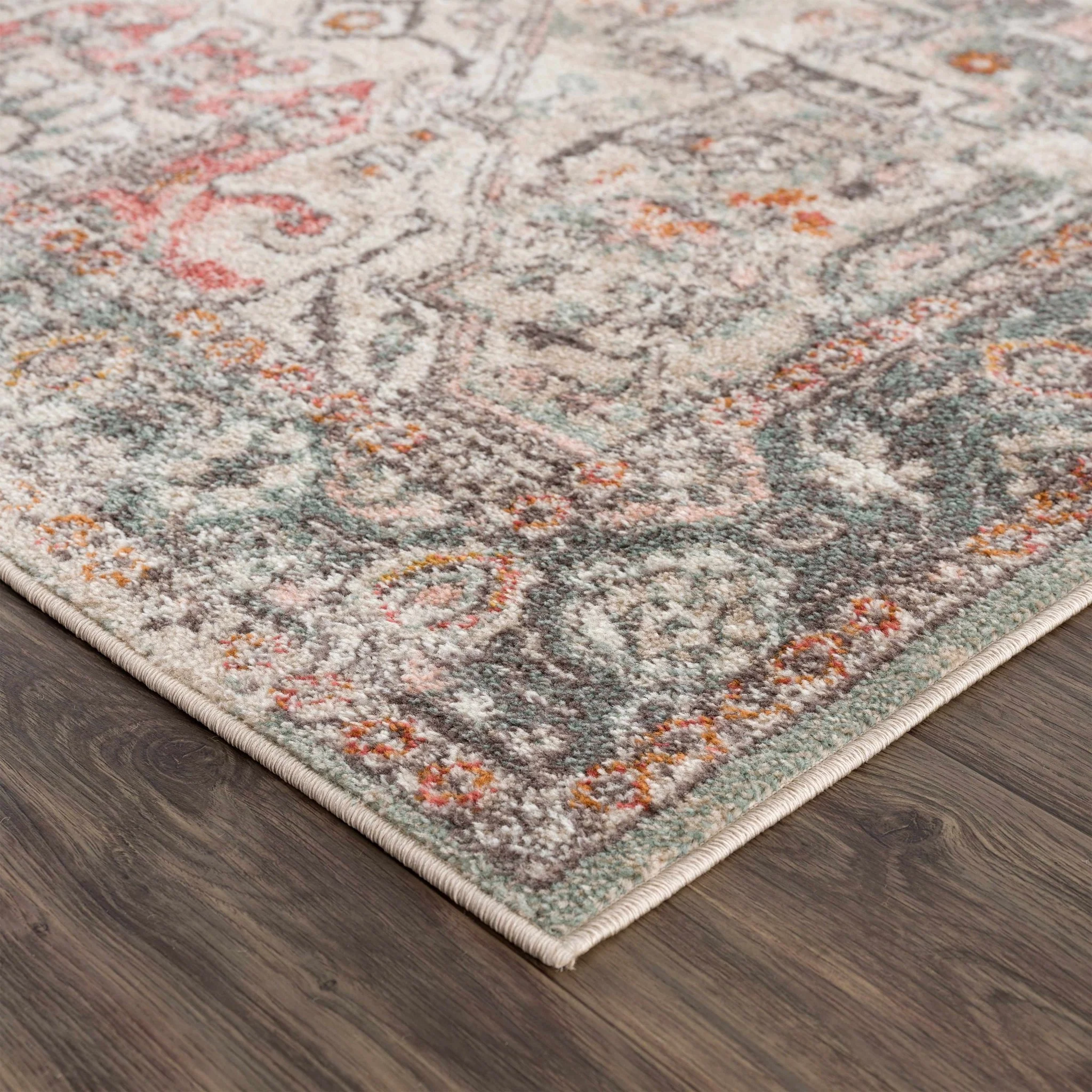 Vintage Look Green, Beige, Silver and Pink Machine Woven Area Rug - Image 5