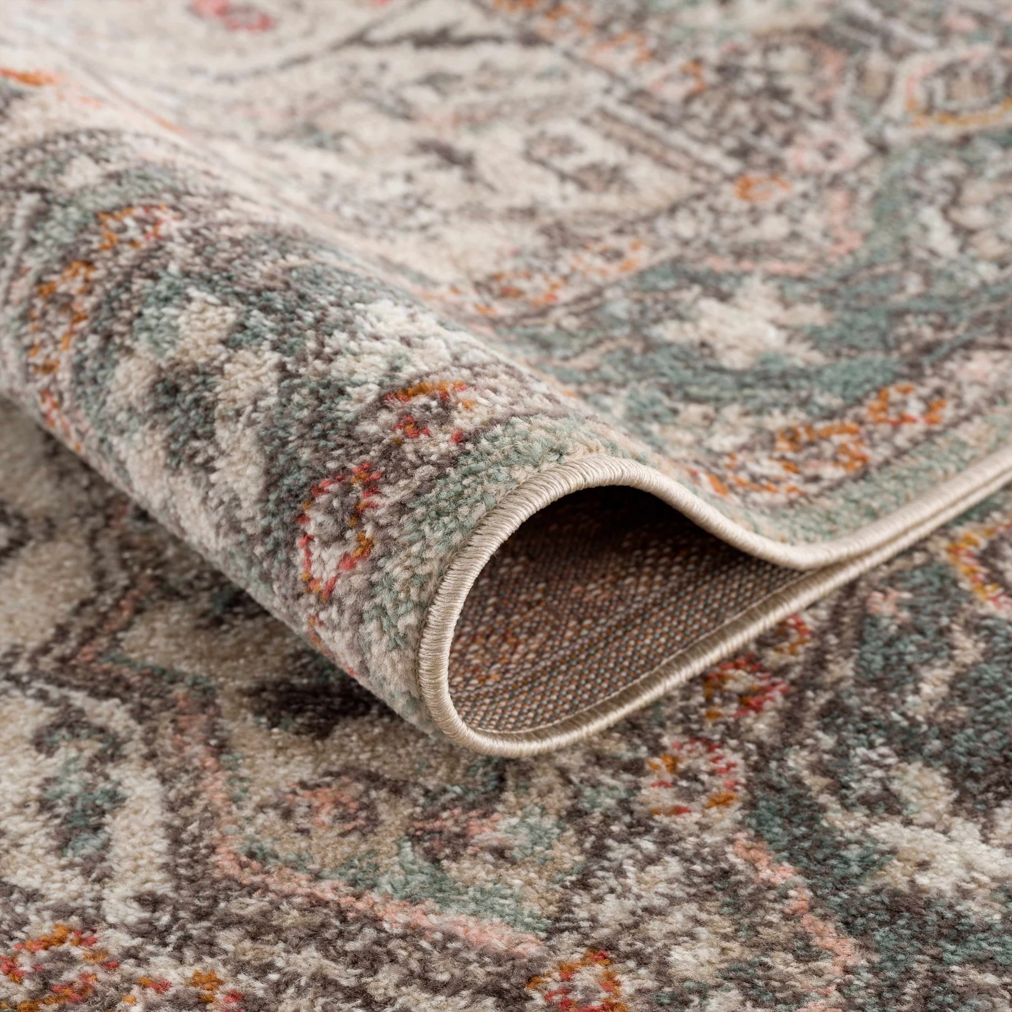 Vintage Look Green, Beige, Silver and Pink Machine Woven Area Rug - Image 7