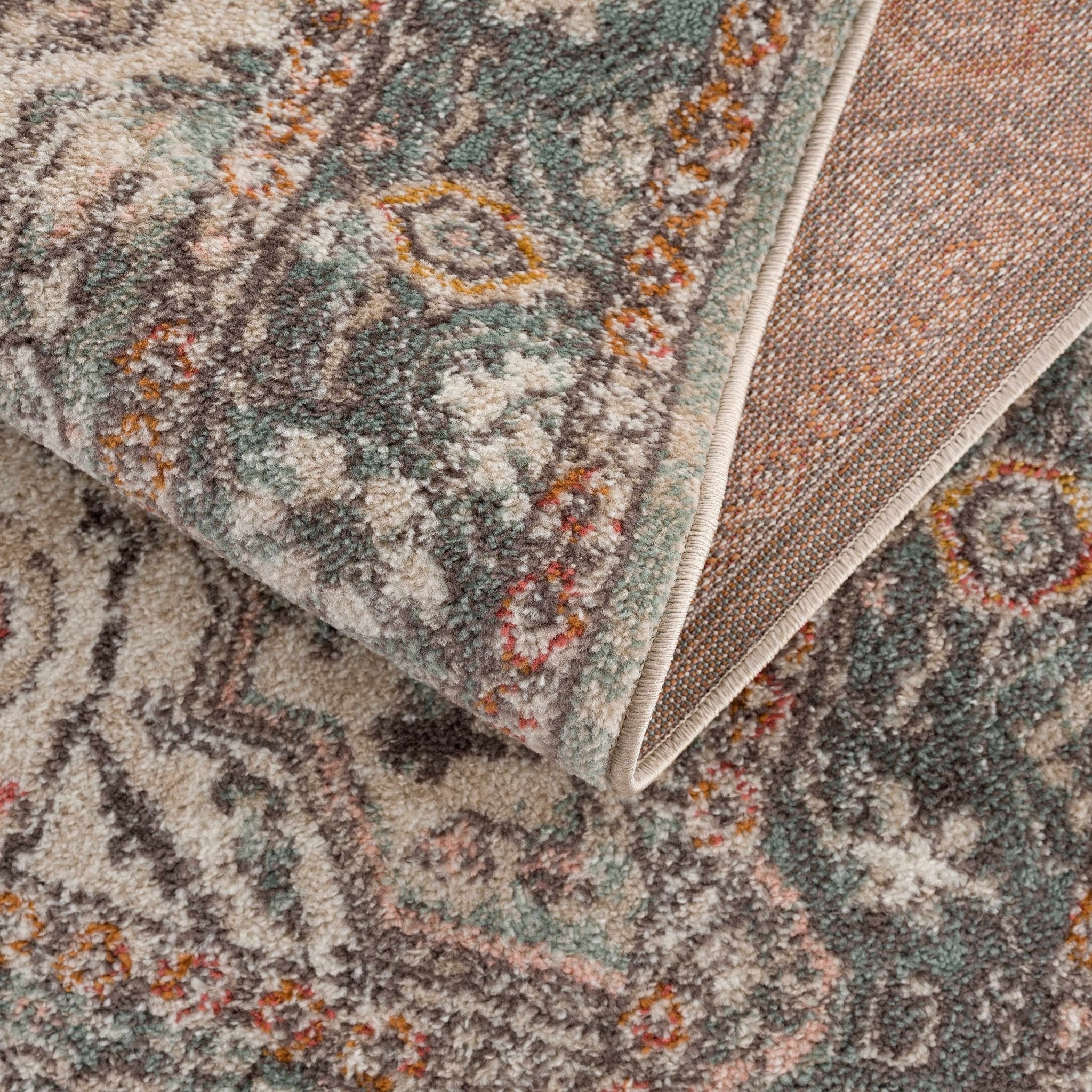 Vintage Look Green, Beige, Silver and Pink Machine Woven Area Rug - Image 8