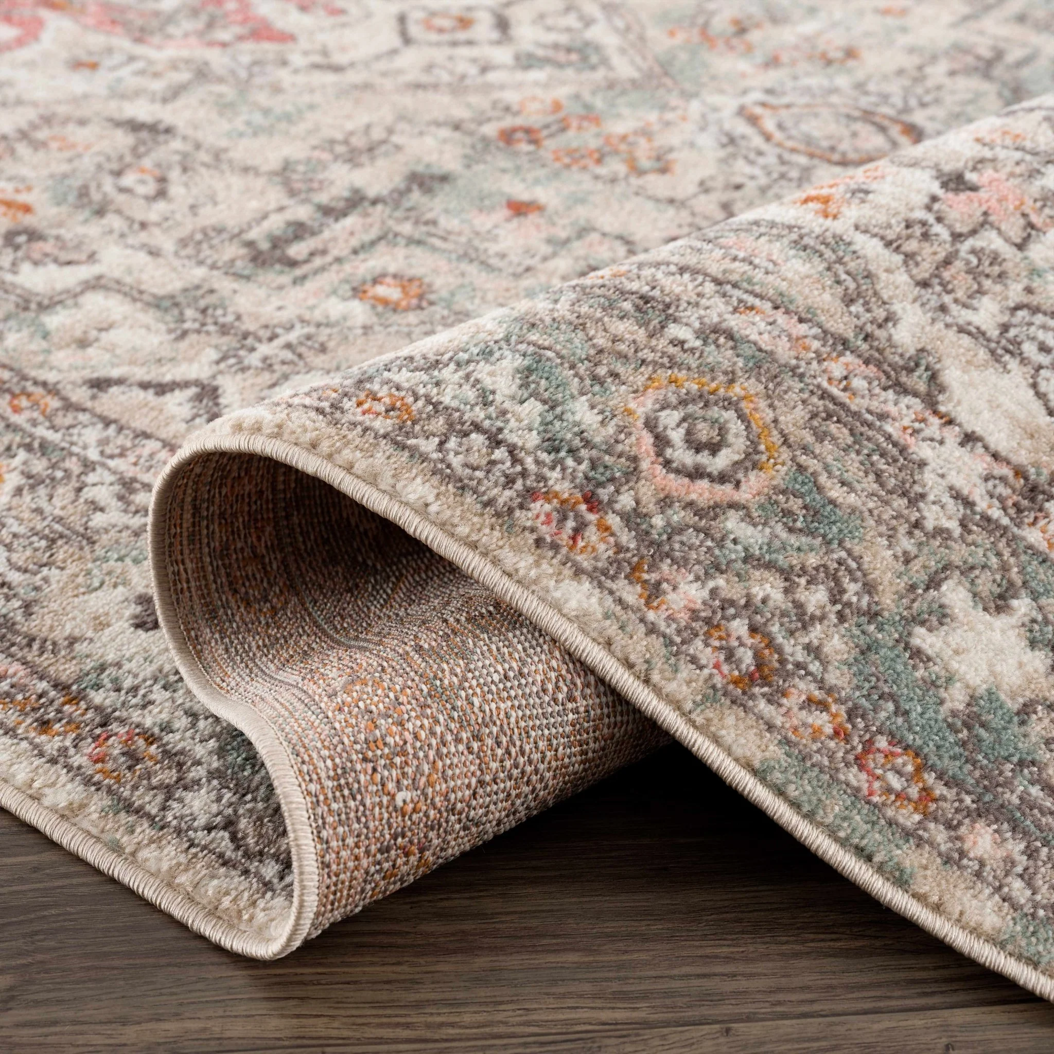 Vintage Look Green, Beige, Silver and Pink Machine Woven Area Rug - Image 9