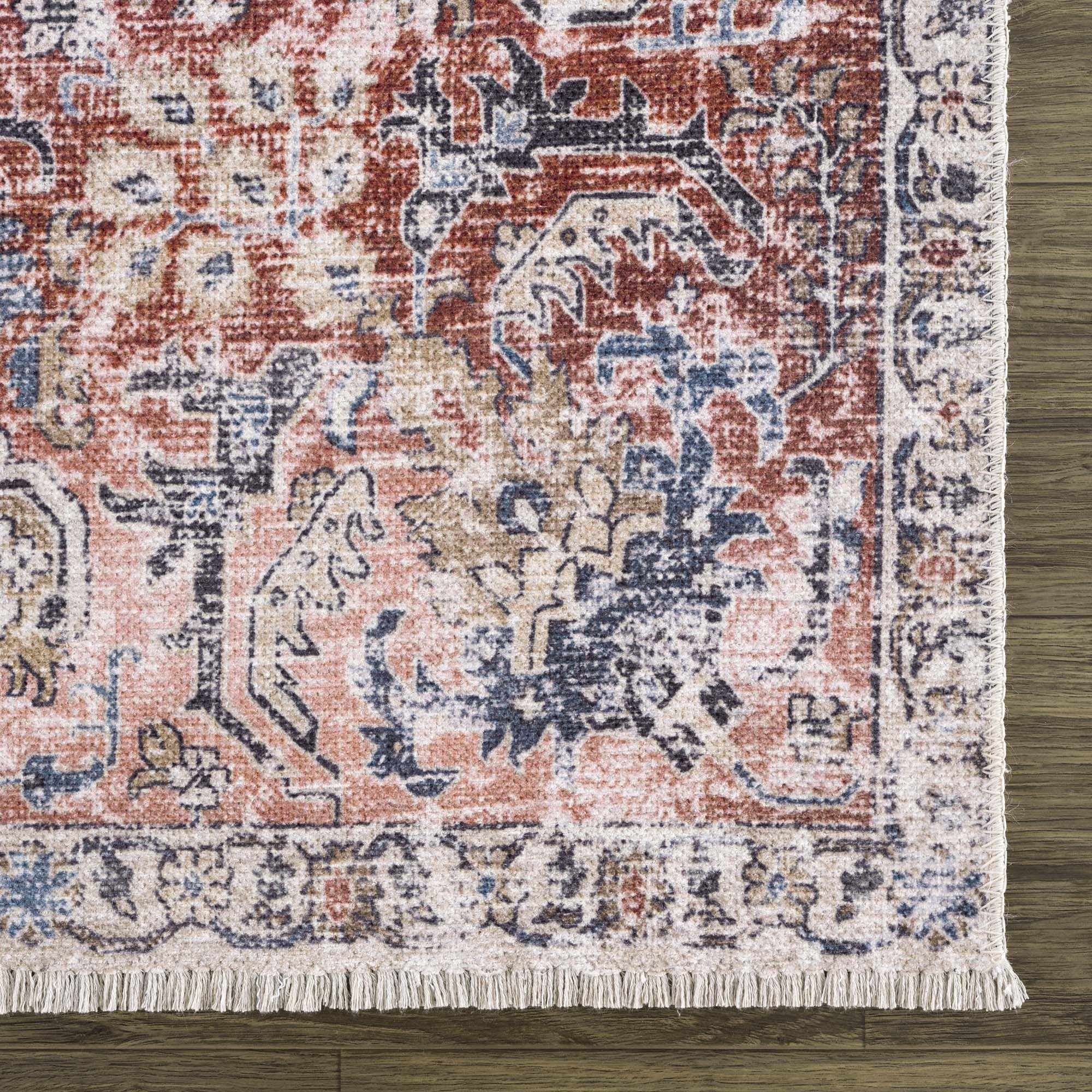 Vintage Style Antique Red, Brown and Blue Machine Washable Area Rug - Image 3