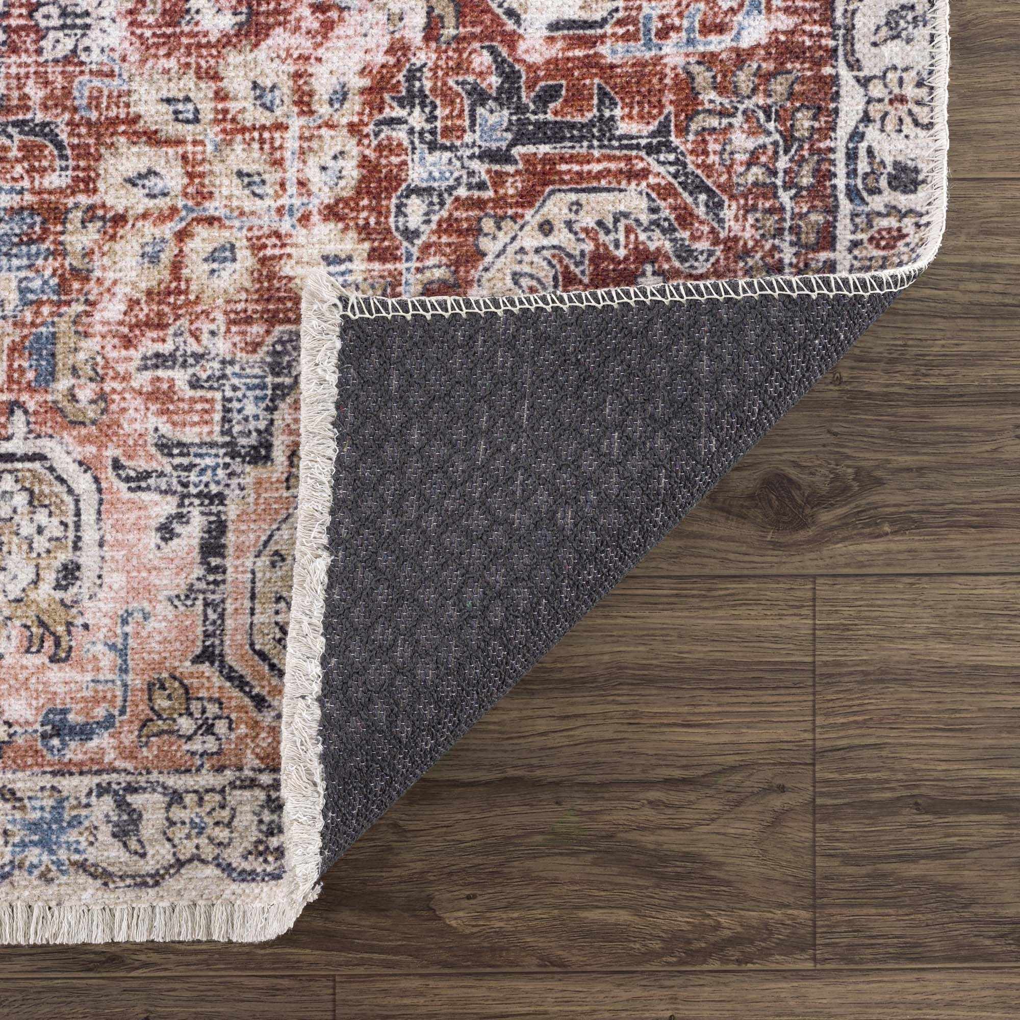 Vintage Style Antique Red, Brown and Blue Machine Washable Area Rug - Image 4