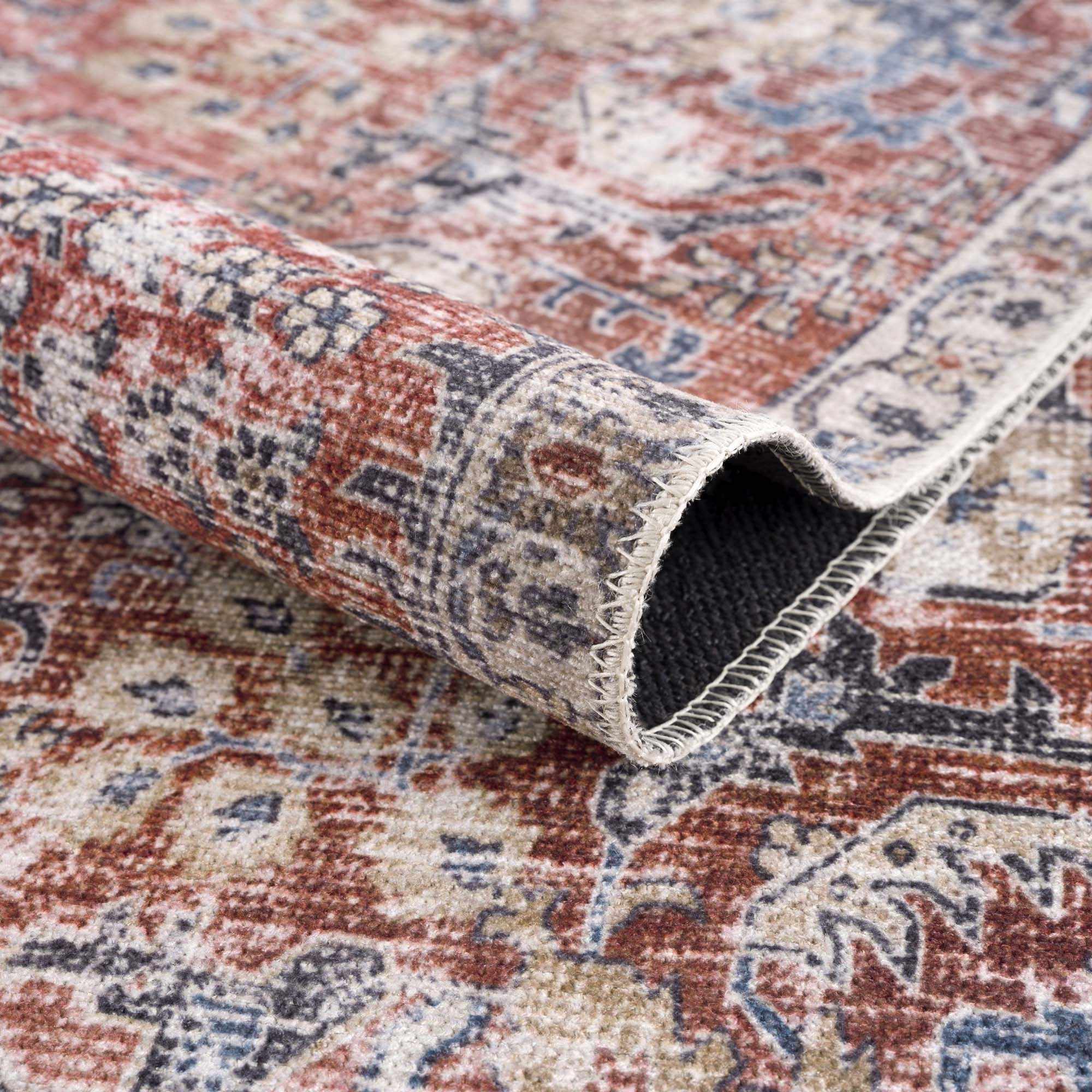 Vintage Style Antique Red, Brown and Blue Machine Washable Area Rug - Image 6