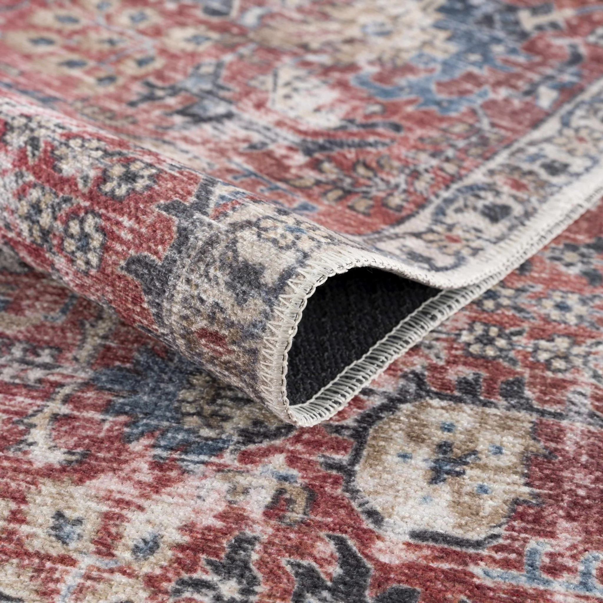 Vintage Style Antique Red, Brown and Blue Machine Washable Area Rug - Image 7