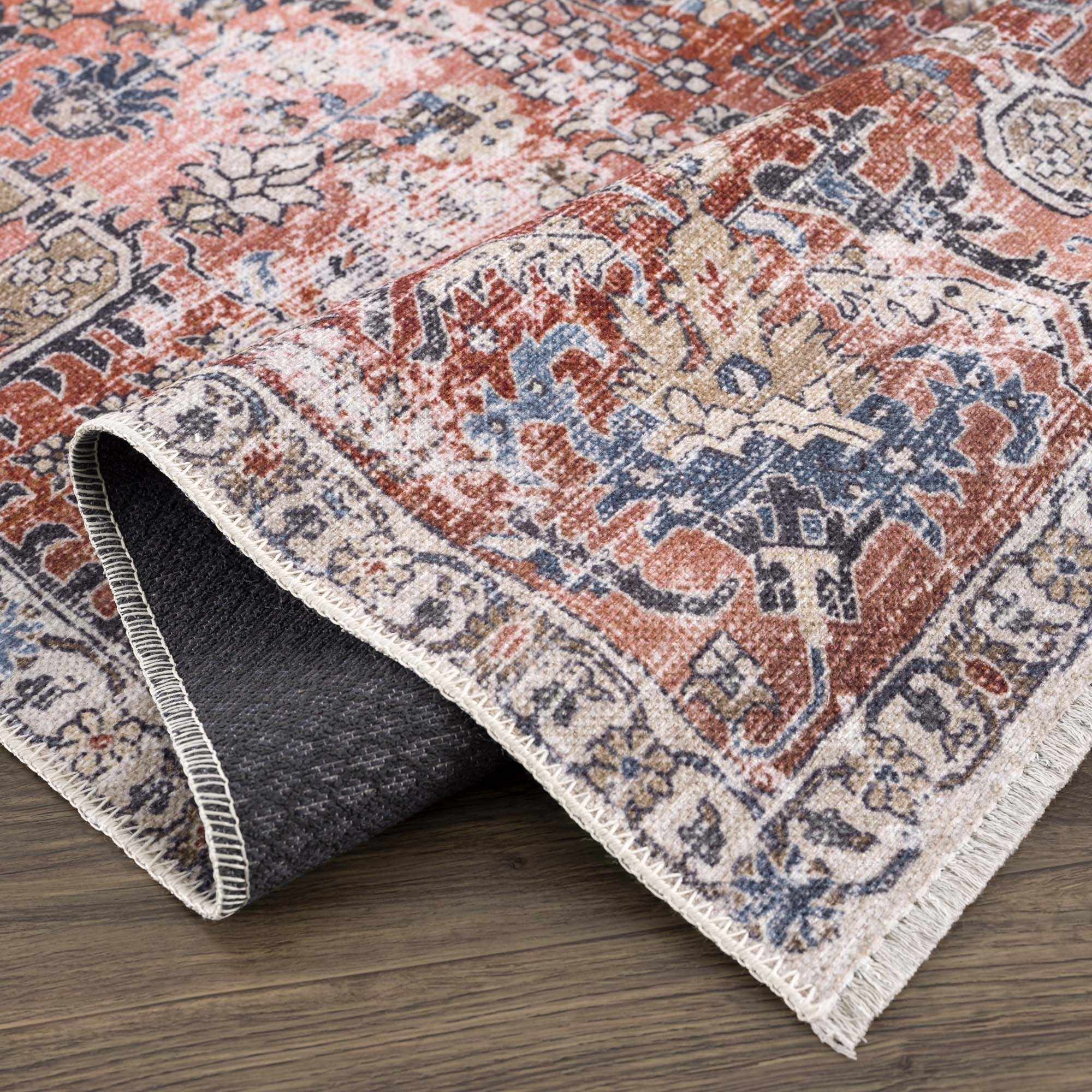 Vintage Style Antique Red, Brown and Blue Machine Washable Area Rug - Image 8