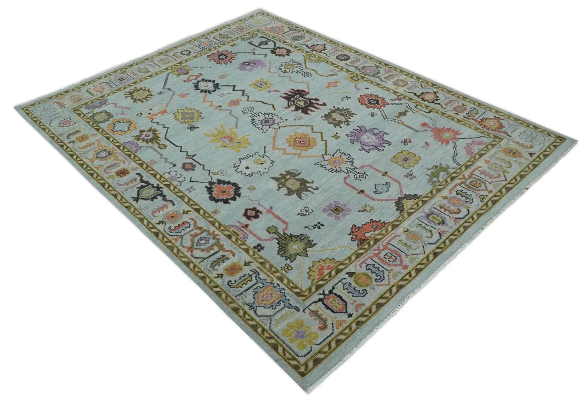 Vibrant Colorful Aqua and Green Hand knotted Traditional Oushak 8x10 wool area Rug - Image 9