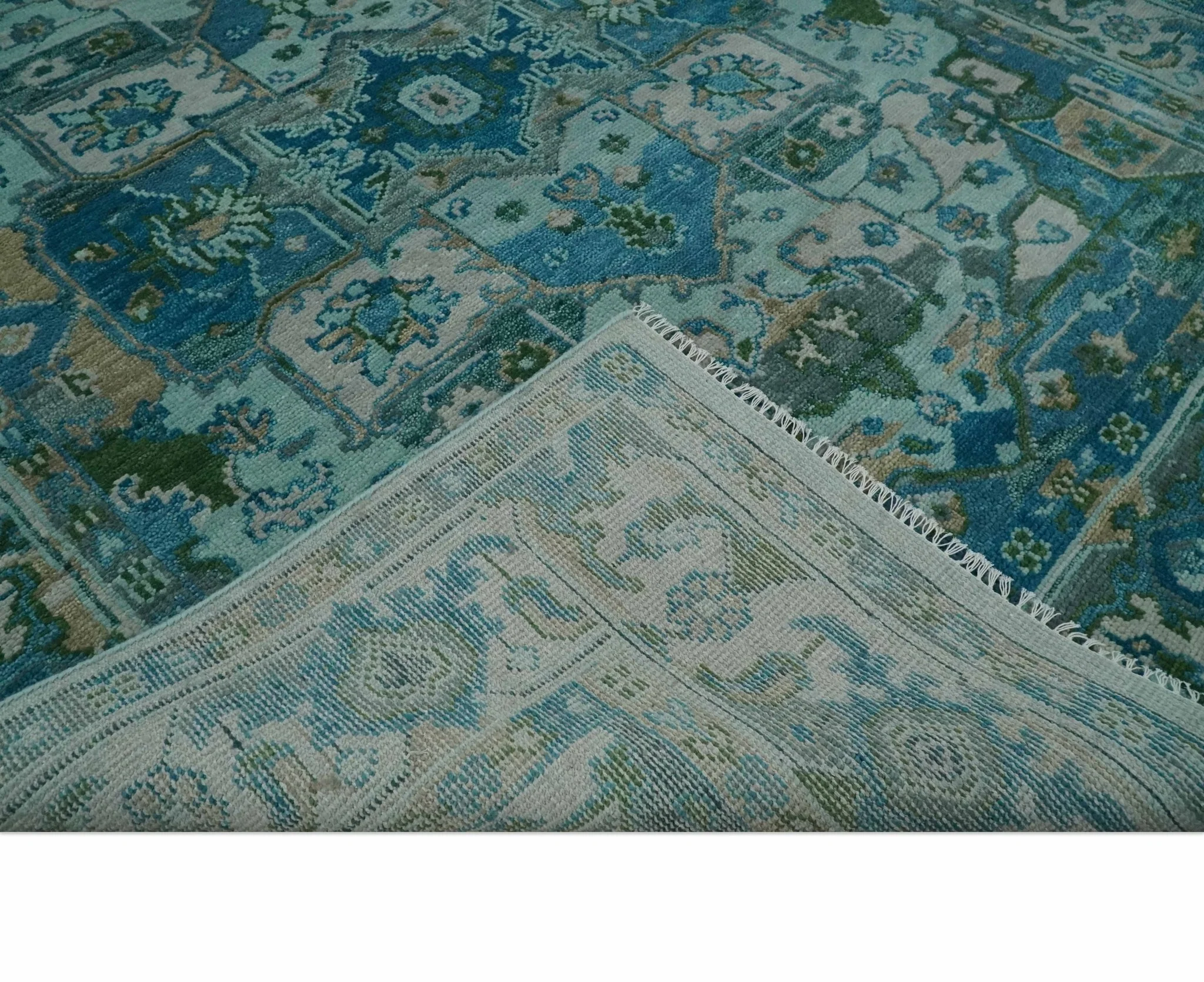 Transitional Aqua and Ivory Hand Knotted Antique 8x10 Traditional Wool Rug - Image 7
