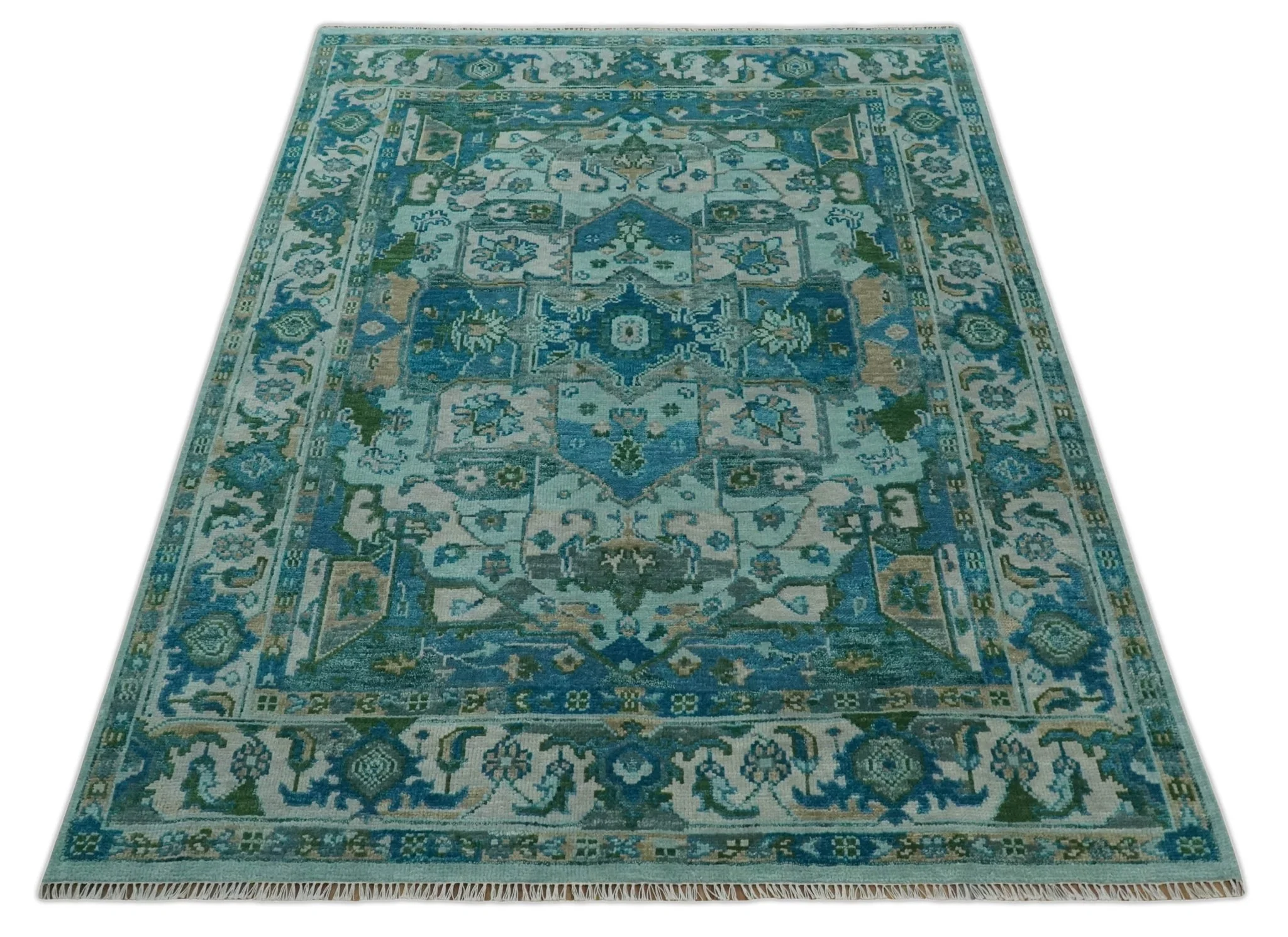 Custom Made Transitional Aqua and Ivory Hand Knotted Antique Style Traditional Wool Rug - Image 10