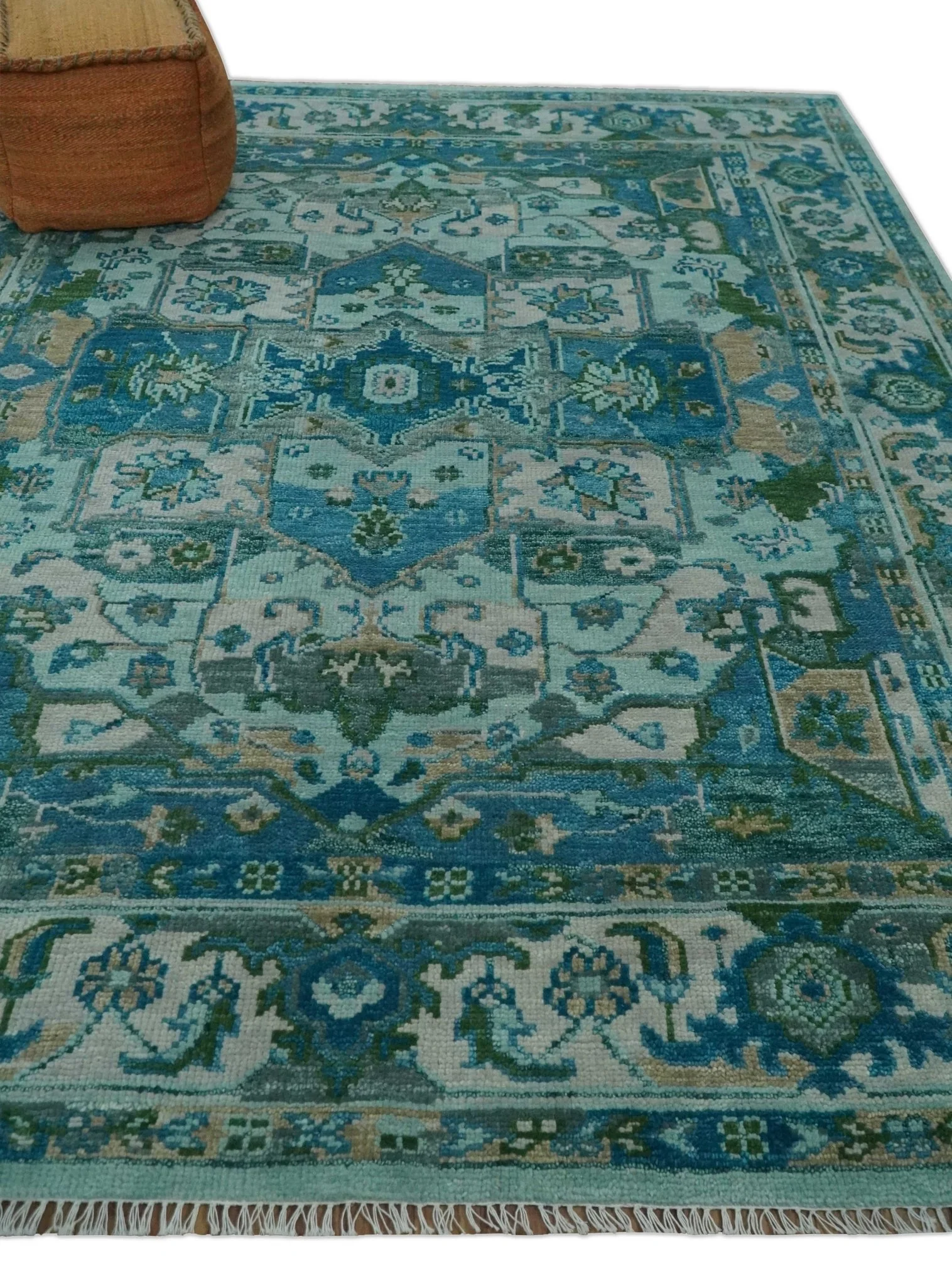 Custom Made Transitional Aqua and Ivory Hand Knotted Antique Style Traditional Wool Rug - Image 3
