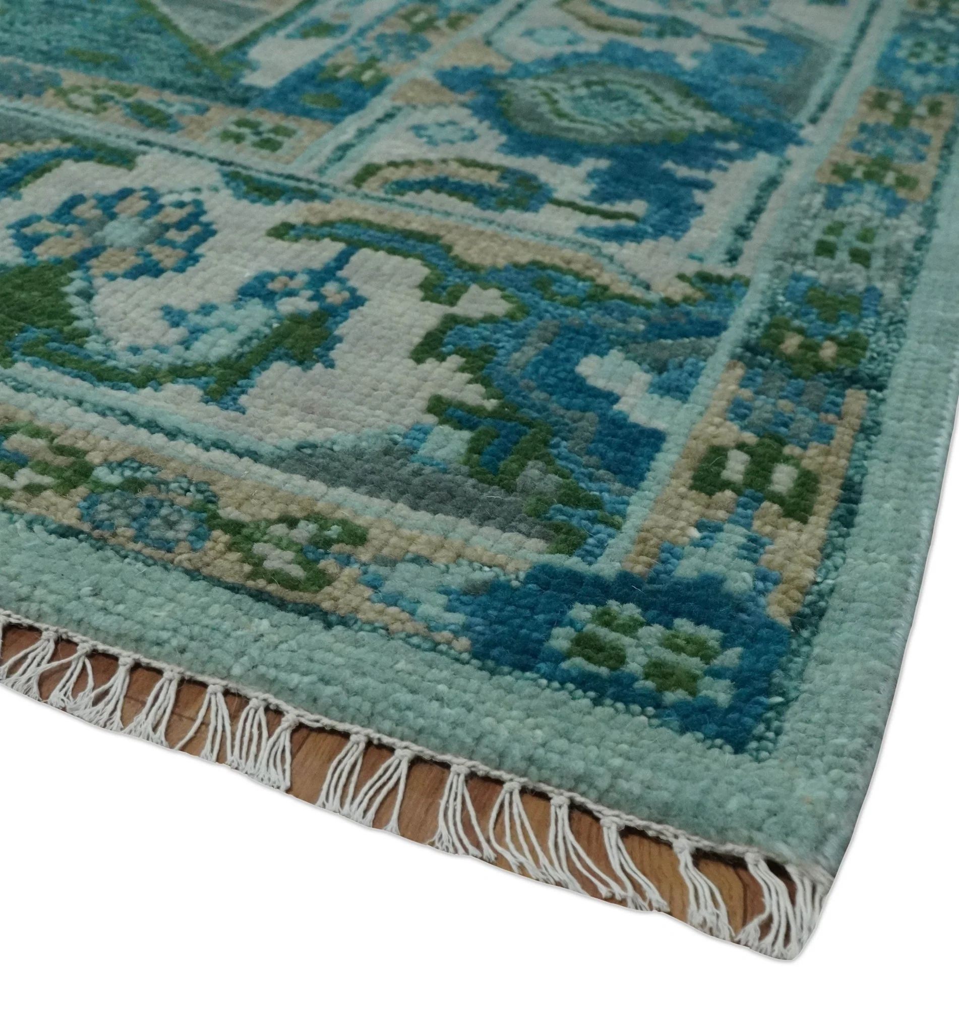 Custom Made Transitional Aqua and Ivory Hand Knotted Antique Style Traditional Wool Rug - Image 5