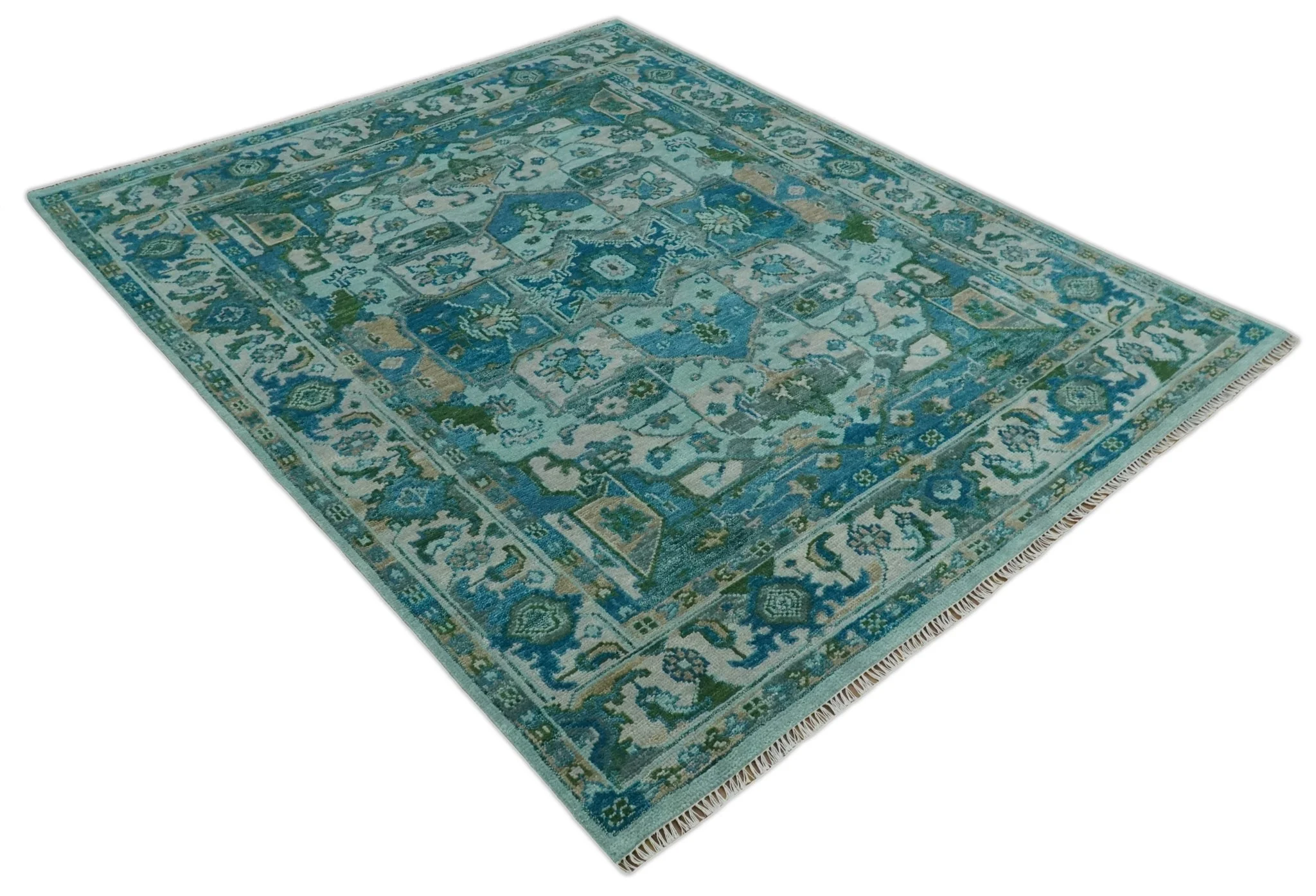 Custom Made Transitional Aqua and Ivory Hand Knotted Antique Style Traditional Wool Rug - Image 9