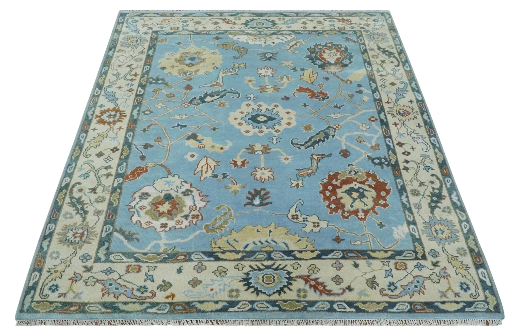 8x10 Aqua and Ivory Vibrant colorful Hand knotted Traditional oushak wool area rug - Image 10