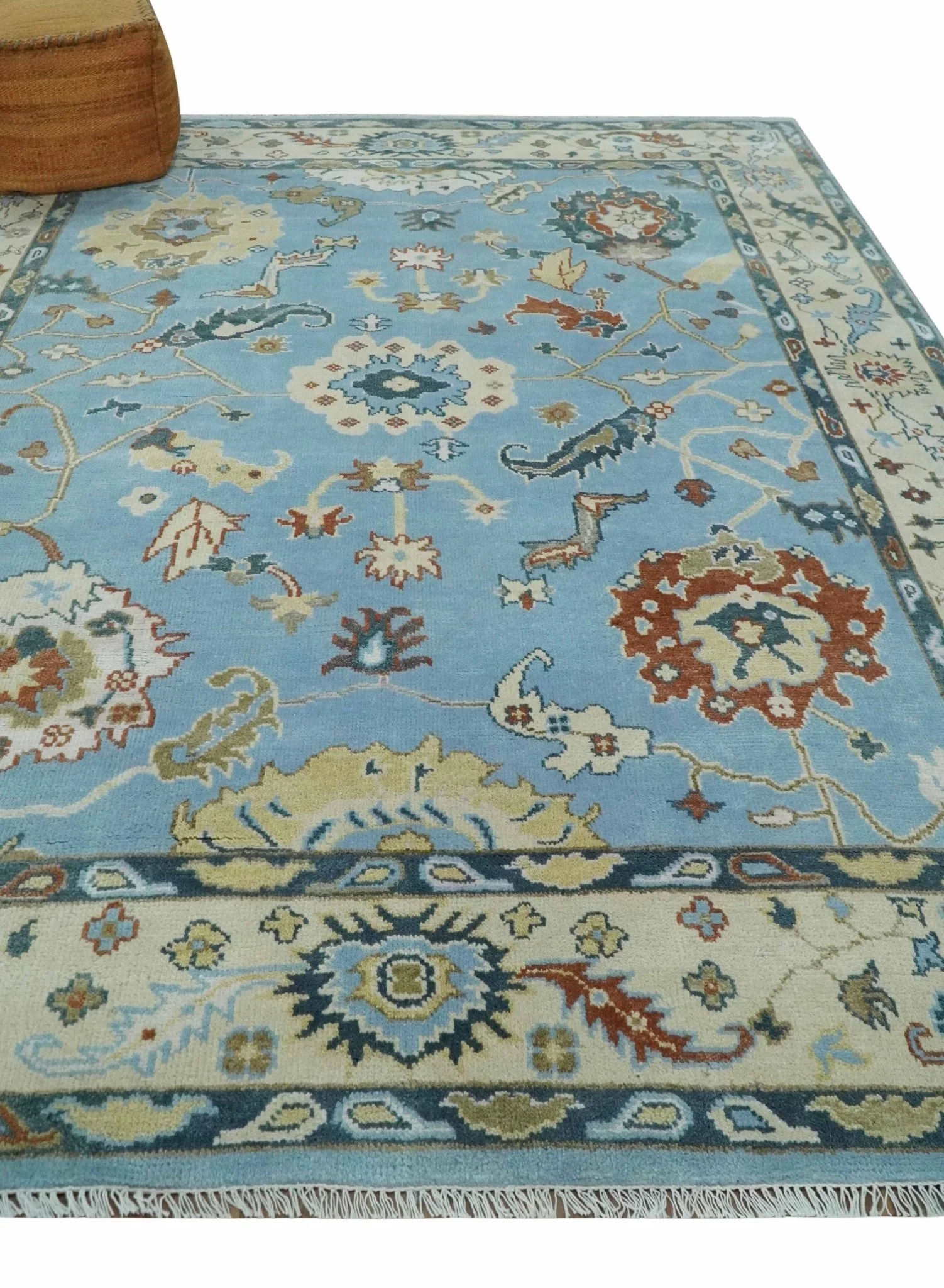8x10 Aqua and Ivory Vibrant colorful Hand knotted Traditional oushak wool area rug - Image 3