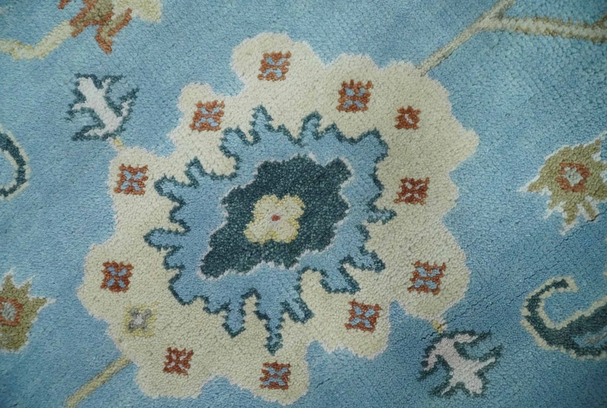 8x10 Aqua and Ivory Vibrant colorful Hand knotted Traditional oushak wool area rug - Image 4