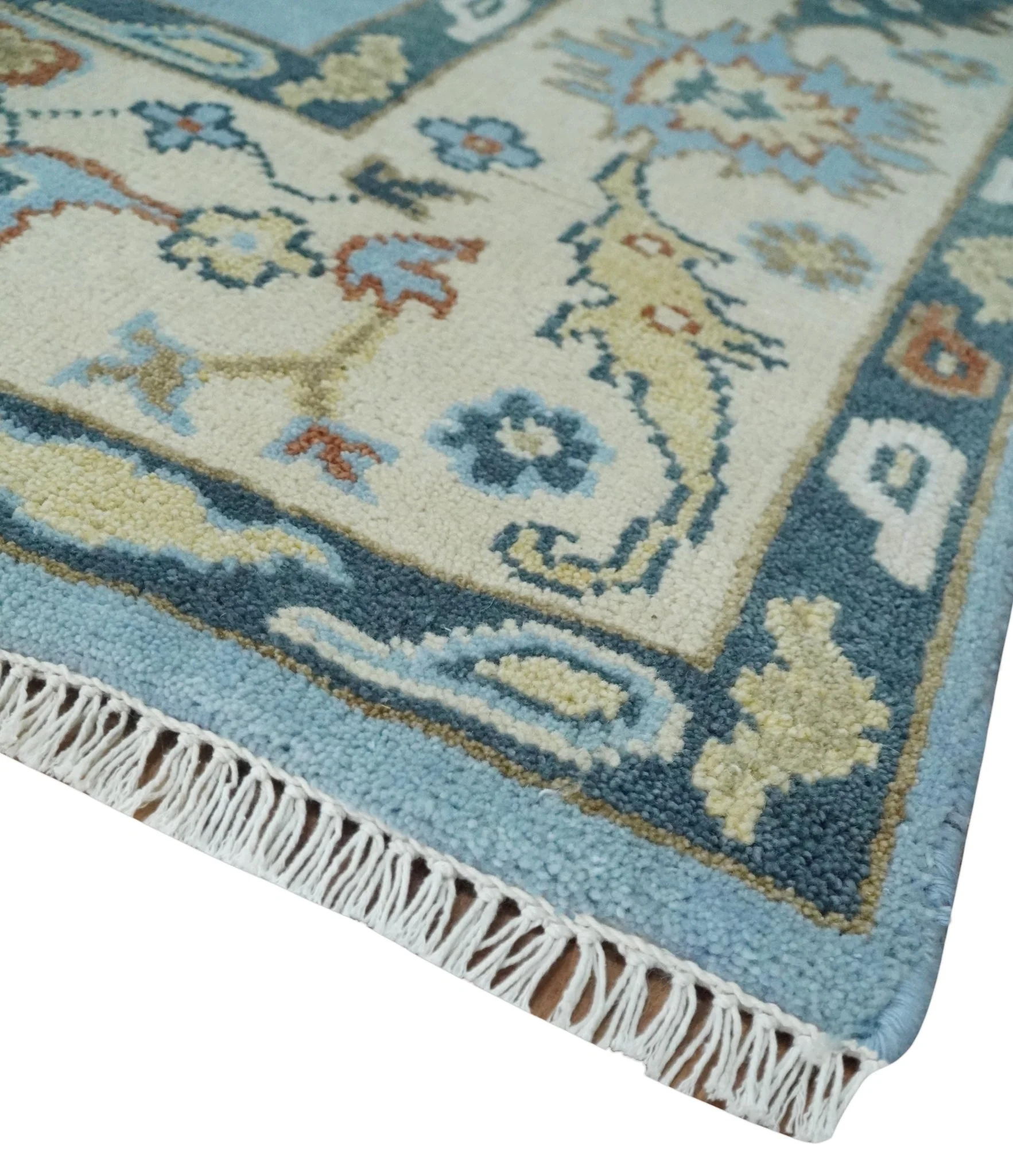 8x10 Aqua and Ivory Vibrant colorful Hand knotted Traditional oushak wool area rug - Image 5