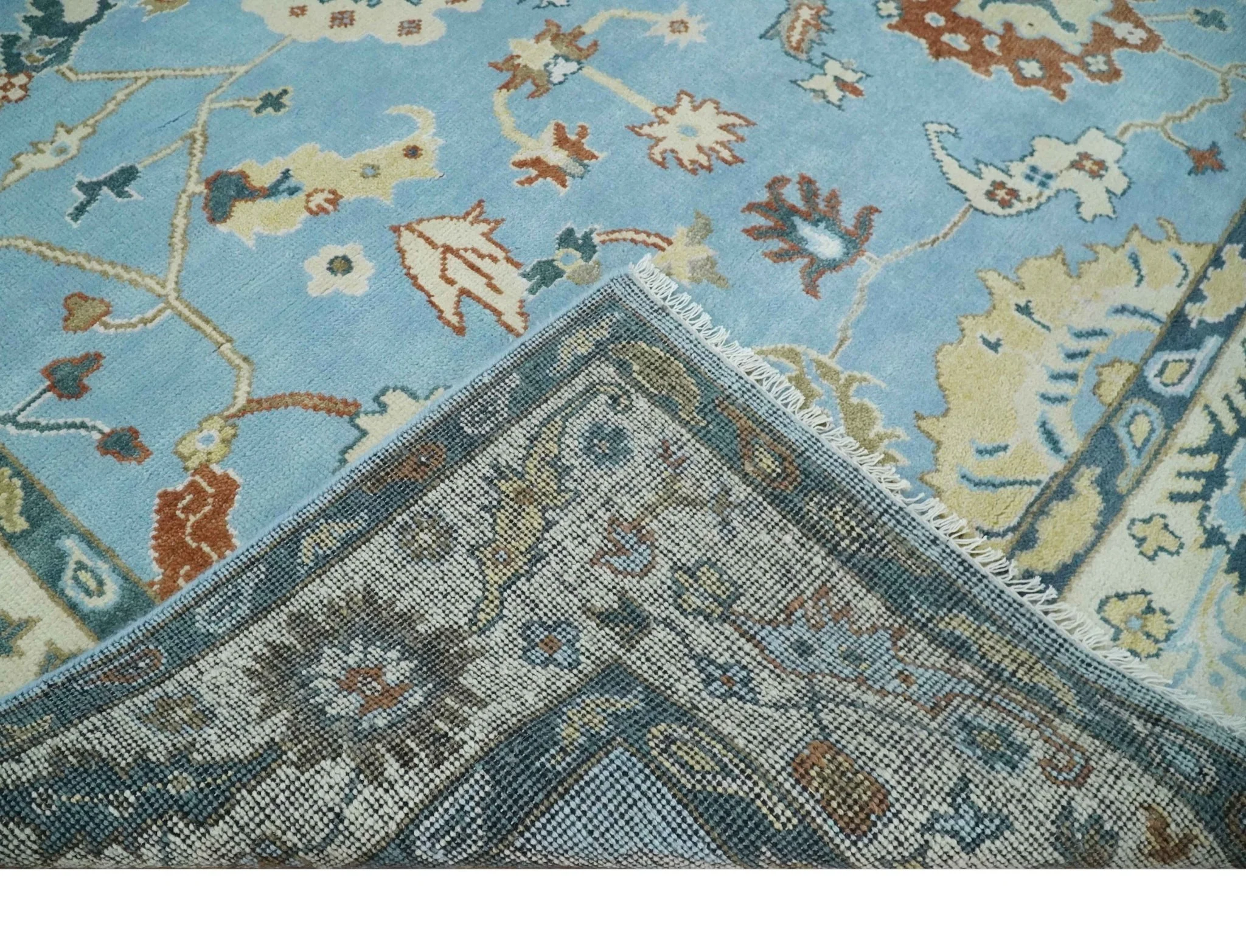 8x10 Aqua and Ivory Vibrant colorful Hand knotted Traditional oushak wool area rug - Image 6