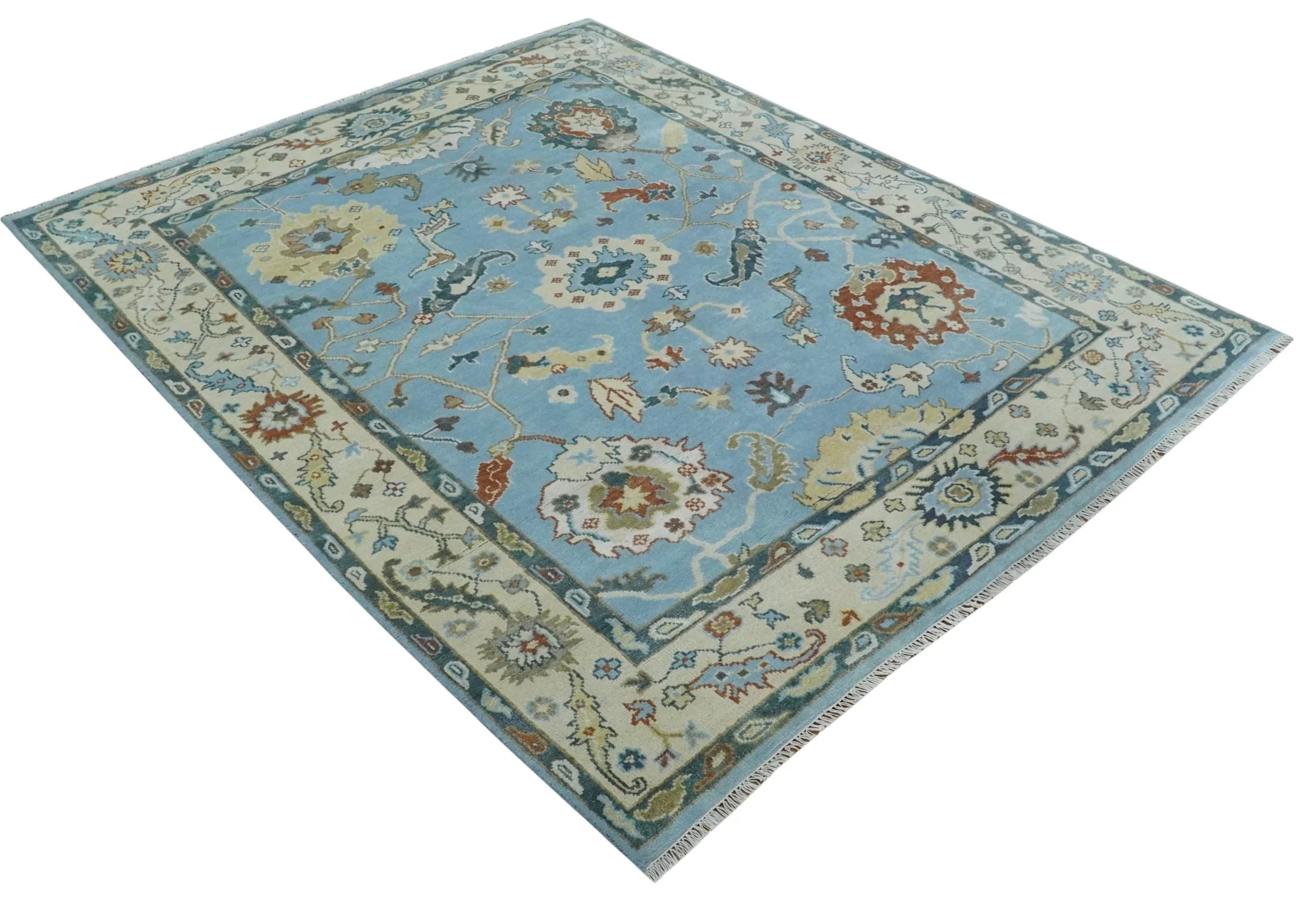 8x10 Aqua and Ivory Vibrant colorful Hand knotted Traditional oushak wool area rug - Image 9
