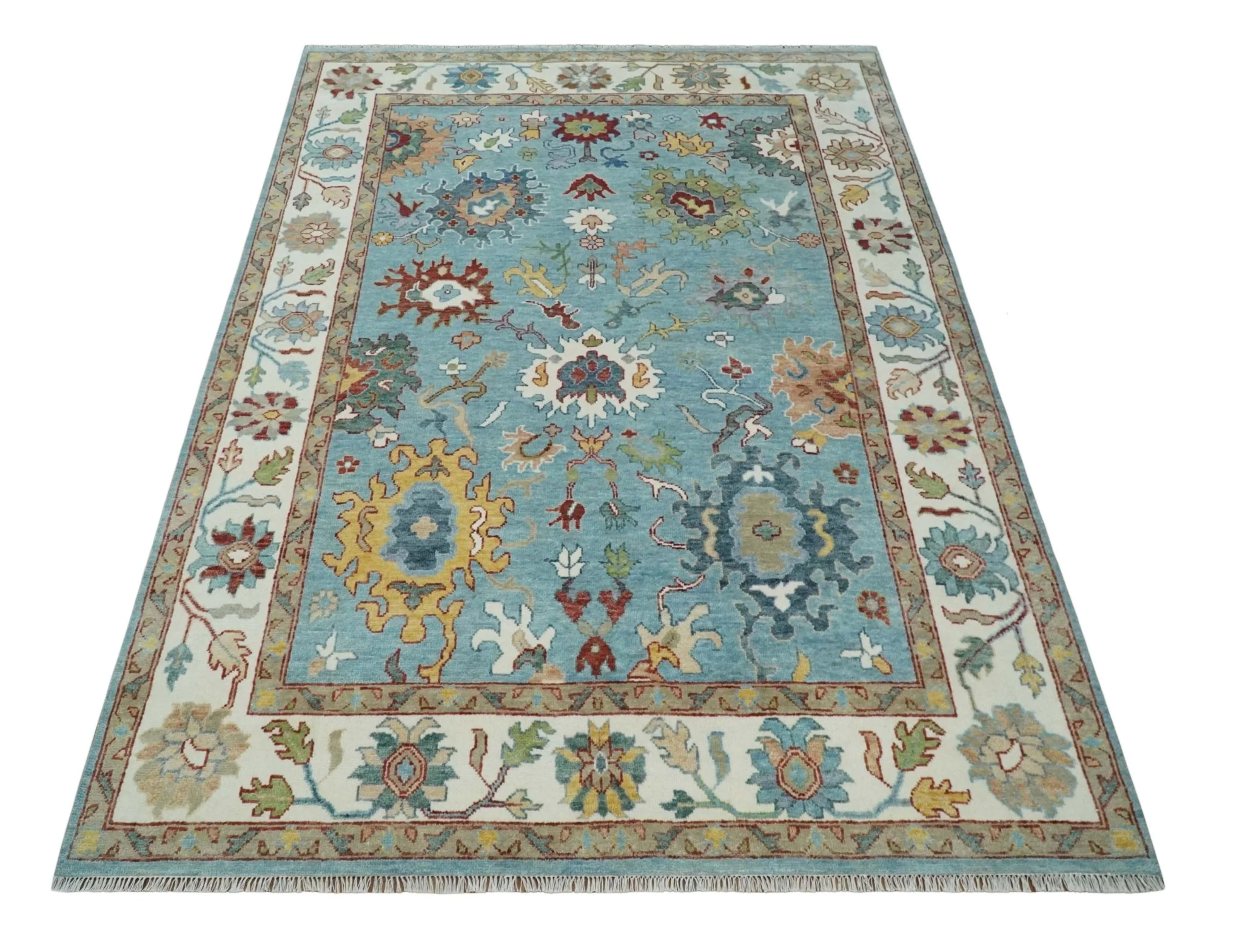 Custom Made Aqua and Ivory hand knotted Vibrant colorful Traditional Oushak Wool Area Rug - Image 10