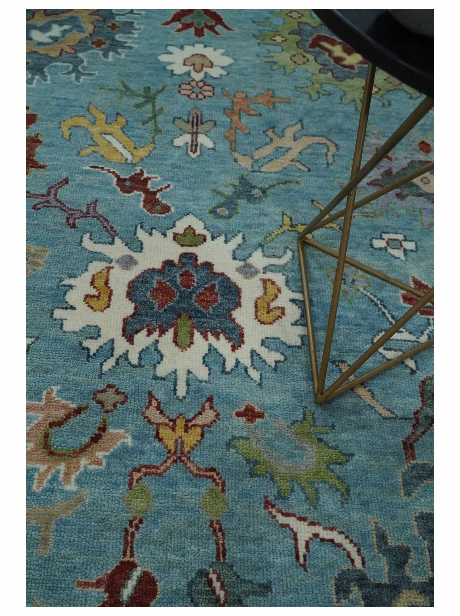 Custom Made Aqua and Ivory hand knotted Vibrant colorful Traditional Oushak Wool Area Rug - Image 2