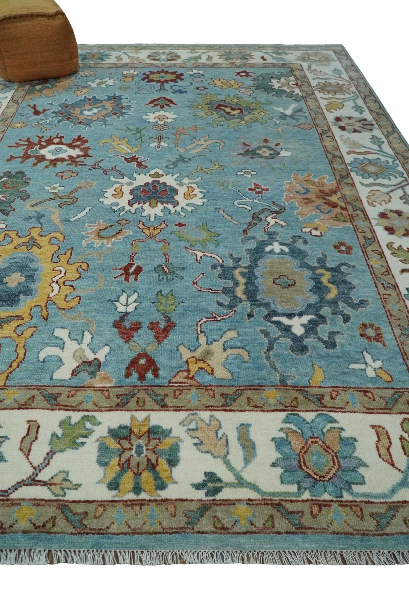 Custom Made Aqua and Ivory hand knotted Vibrant colorful Traditional Oushak Wool Area Rug - Image 3
