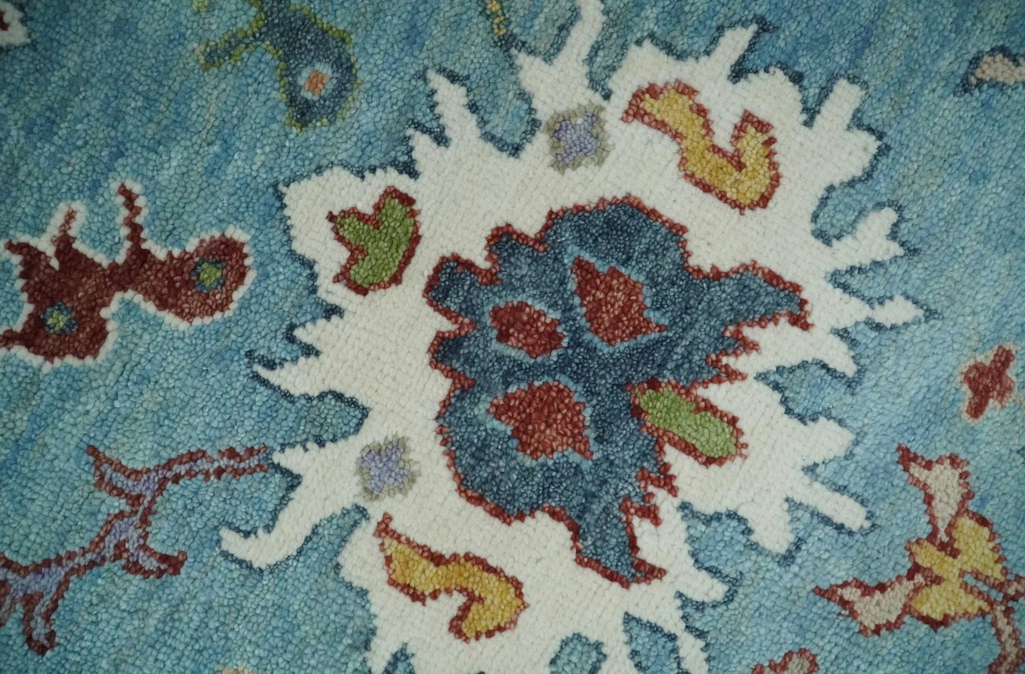 Custom Made Aqua and Ivory hand knotted Vibrant colorful Traditional Oushak Wool Area Rug - Image 4