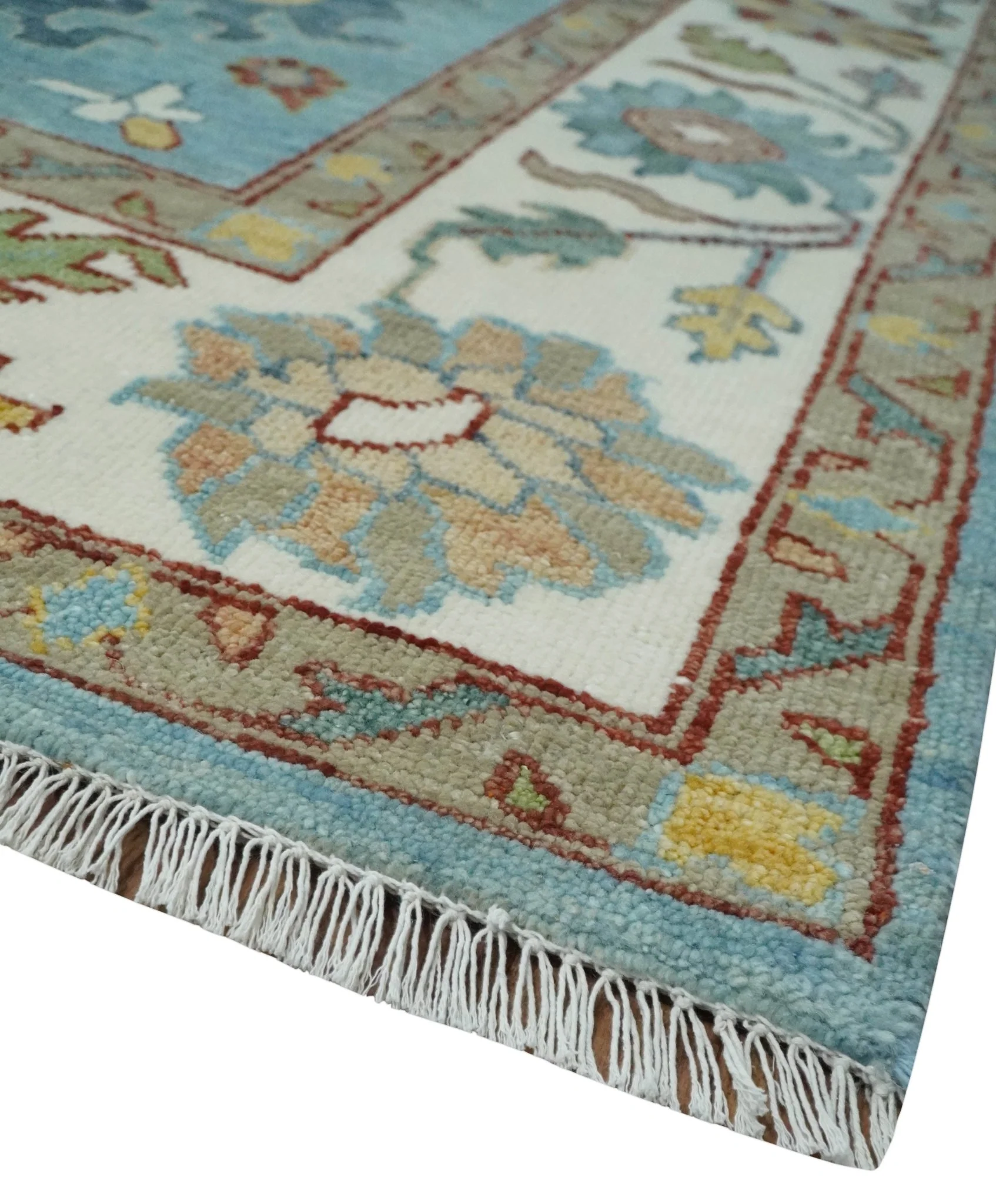 Custom Made Aqua and Ivory hand knotted Vibrant colorful Traditional Oushak Wool Area Rug - Image 5