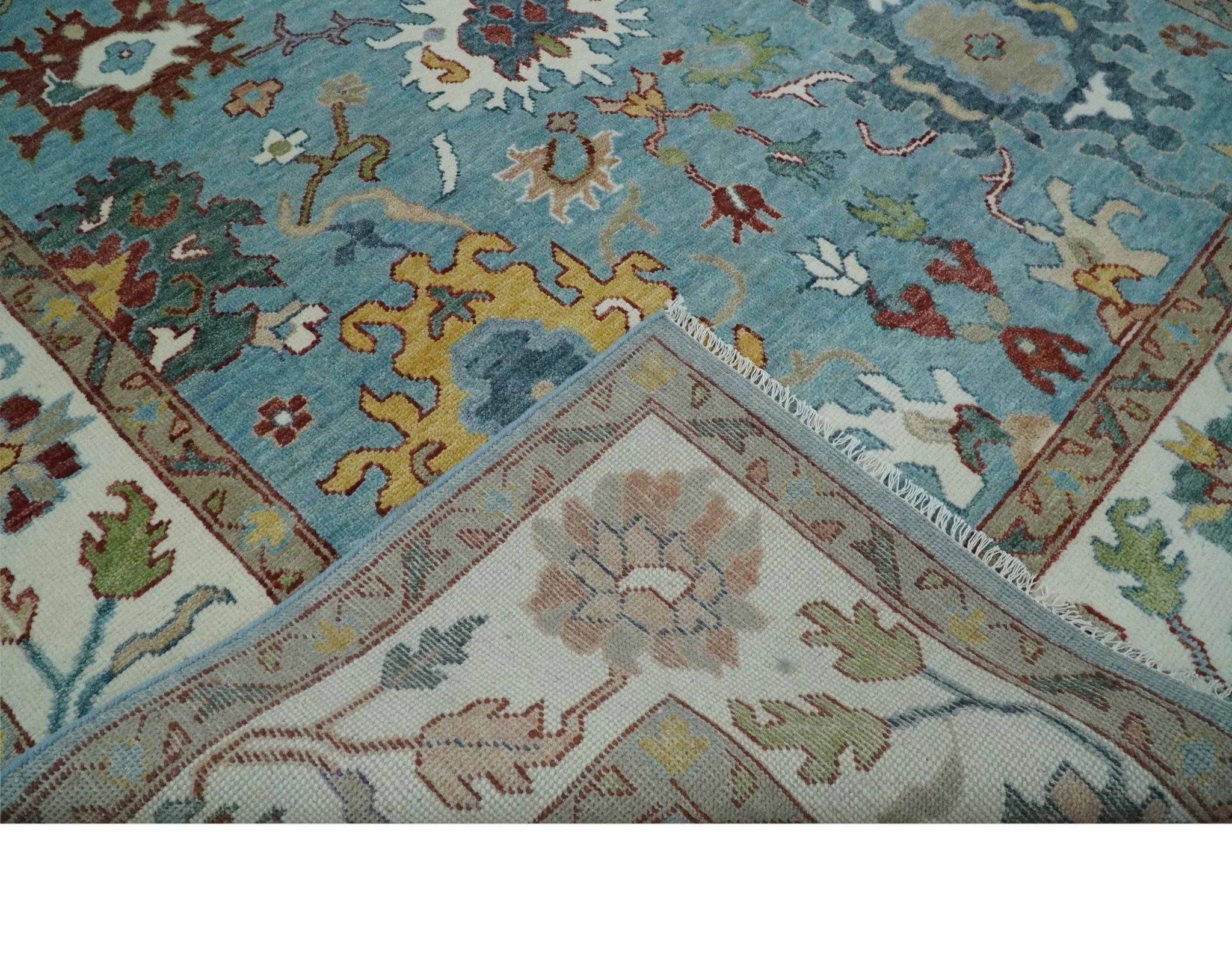 Custom Made Aqua and Ivory hand knotted Vibrant colorful Traditional Oushak Wool Area Rug - Image 7