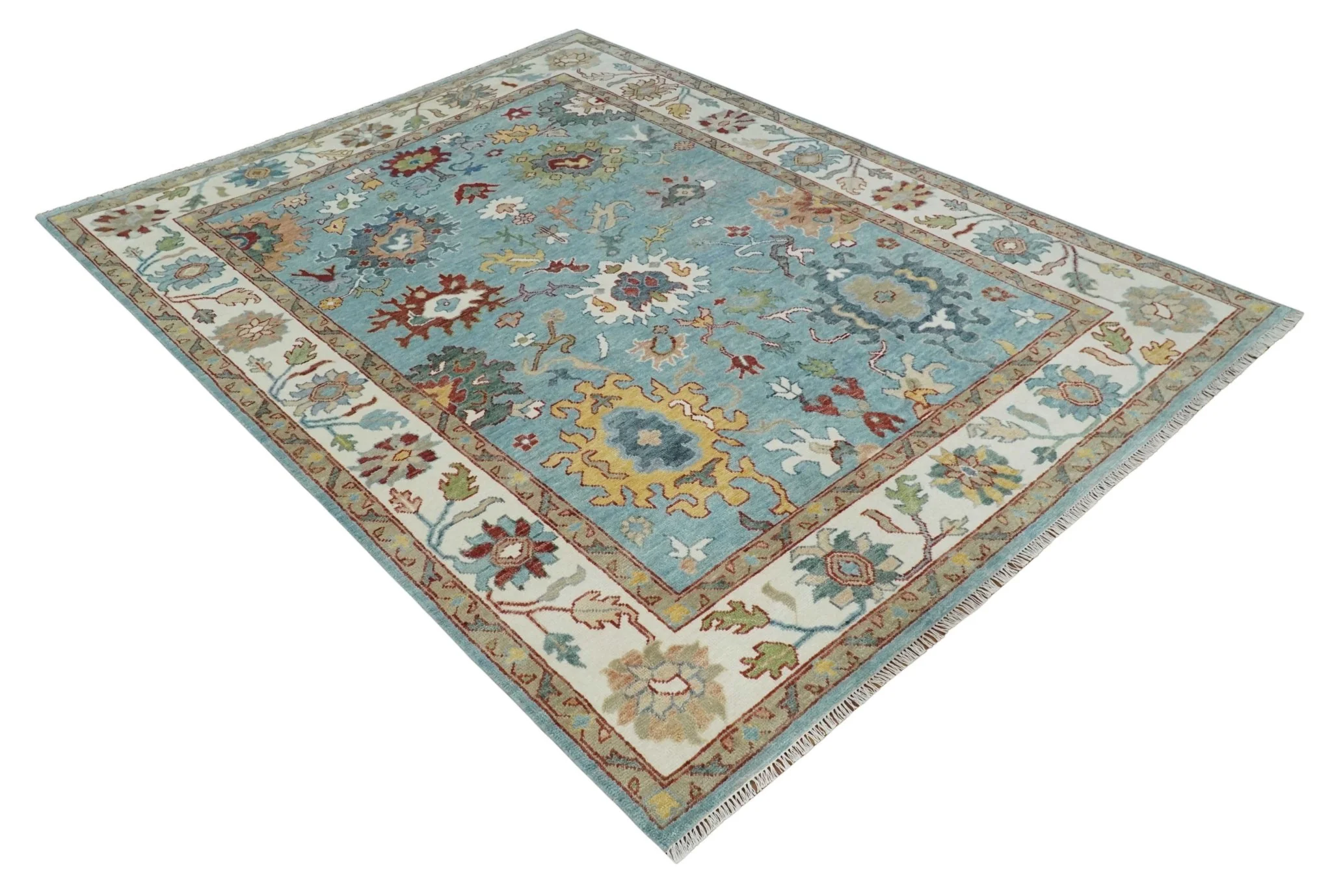 Custom Made Aqua and Ivory hand knotted Vibrant colorful Traditional Oushak Wool Area Rug - Image 9