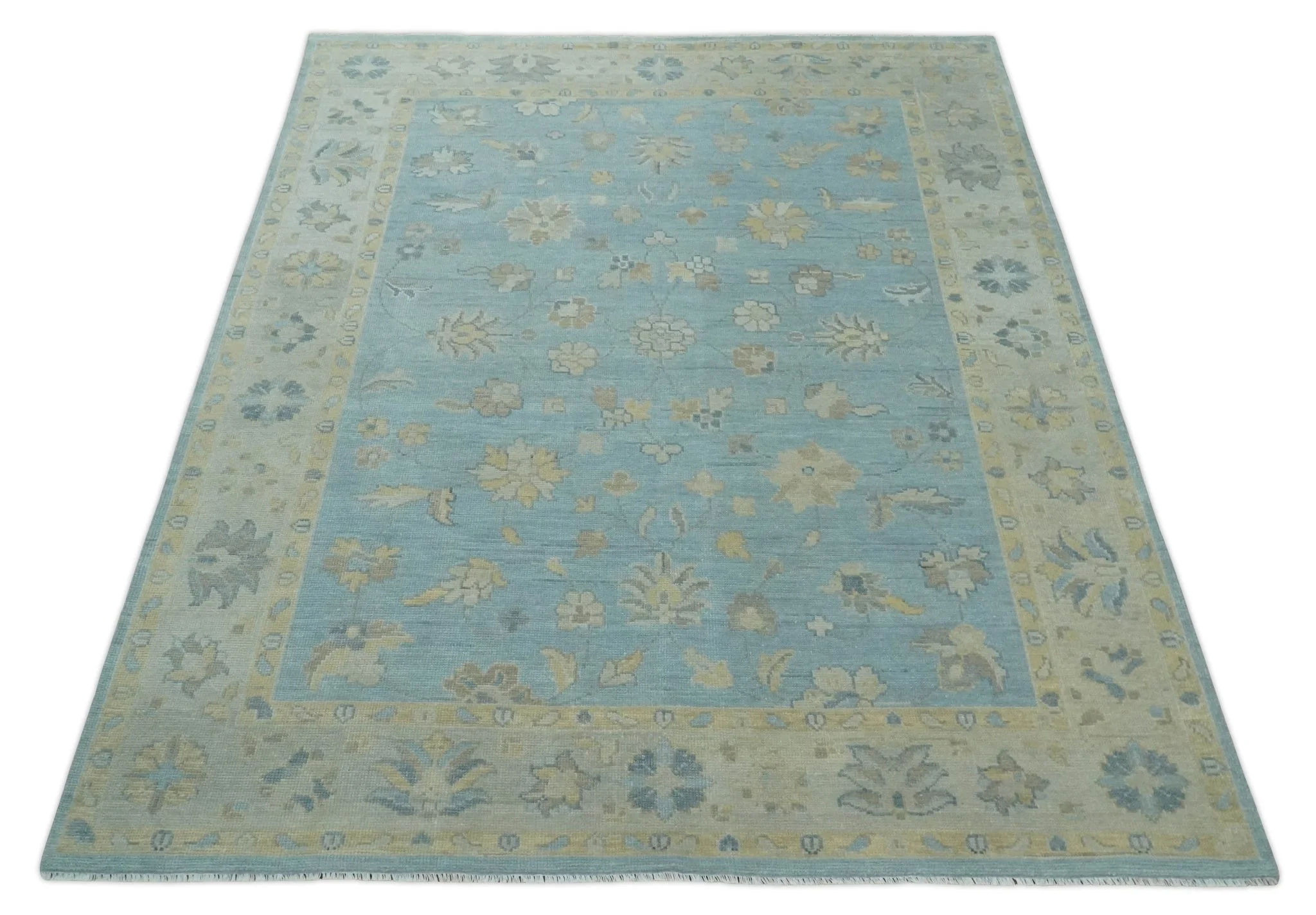 Made to Order Aqua, Beige and Ivory Hand Knotted Floral Oushak Wool Rug - Image 10