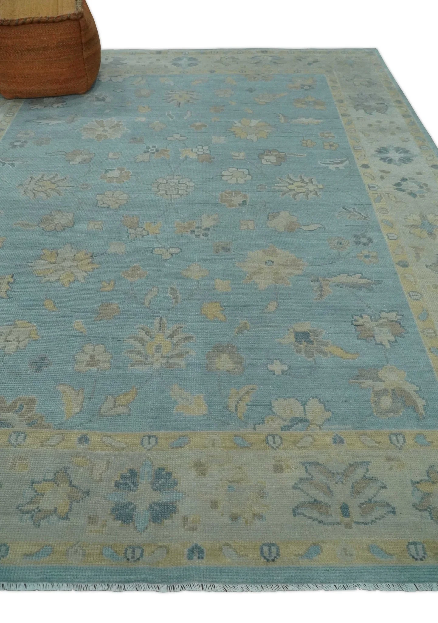 Made to Order Aqua, Beige and Ivory Hand Knotted Floral Oushak Wool Rug - Image 2