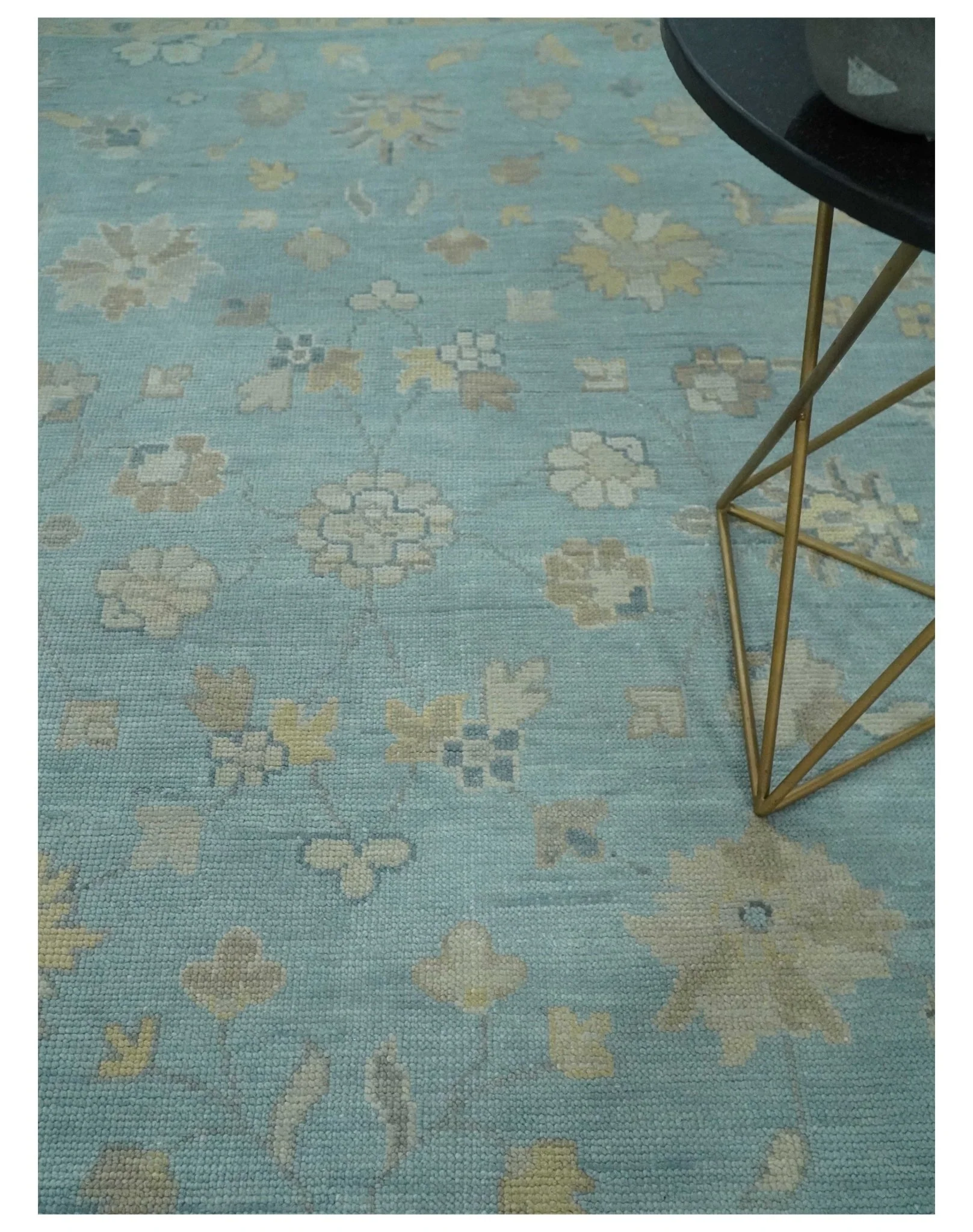 Made to Order Aqua, Beige and Ivory Hand Knotted Floral Oushak Wool Rug - Image 3
