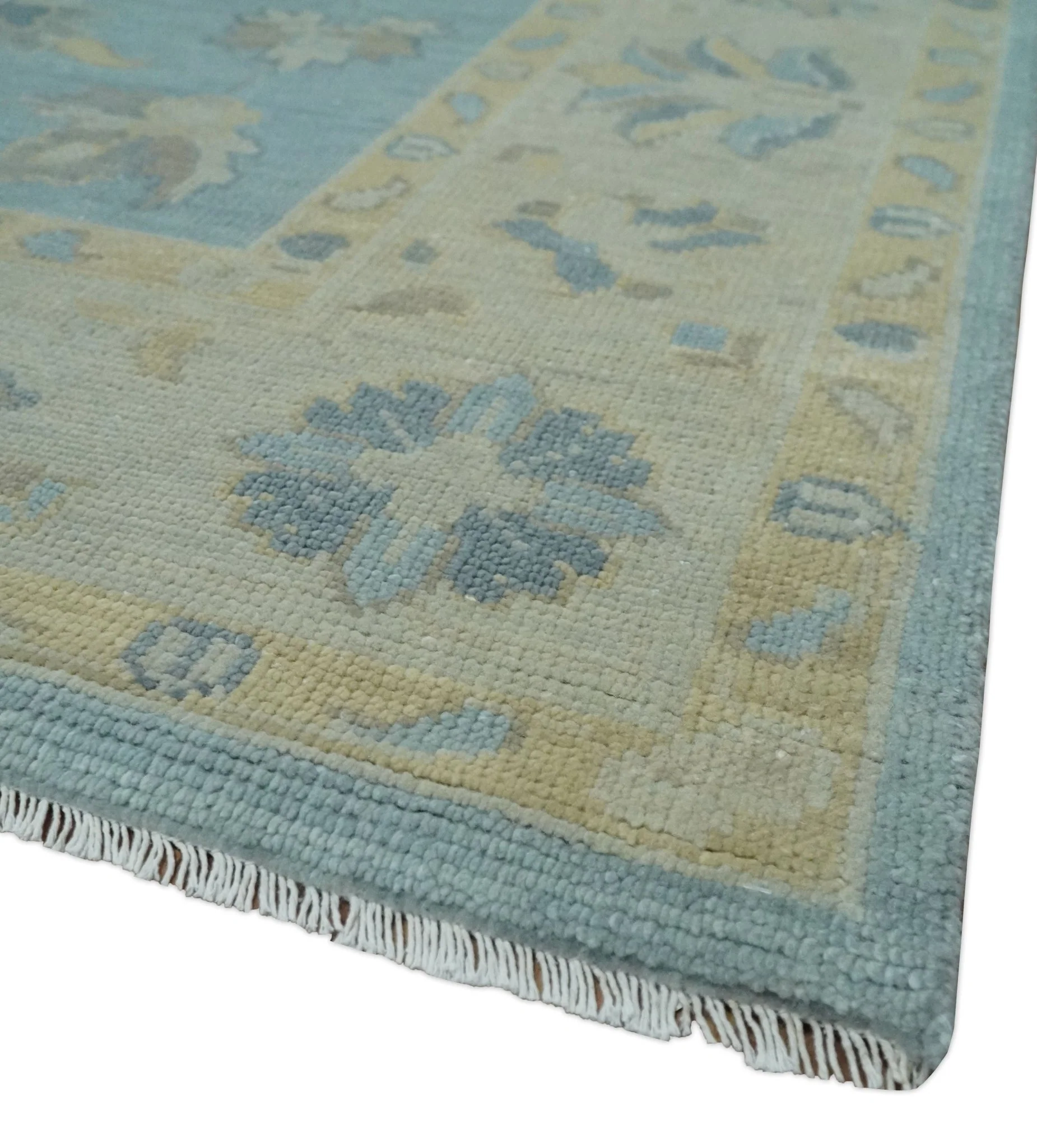 Made to Order Aqua, Beige and Ivory Hand Knotted Floral Oushak Wool Rug - Image 5