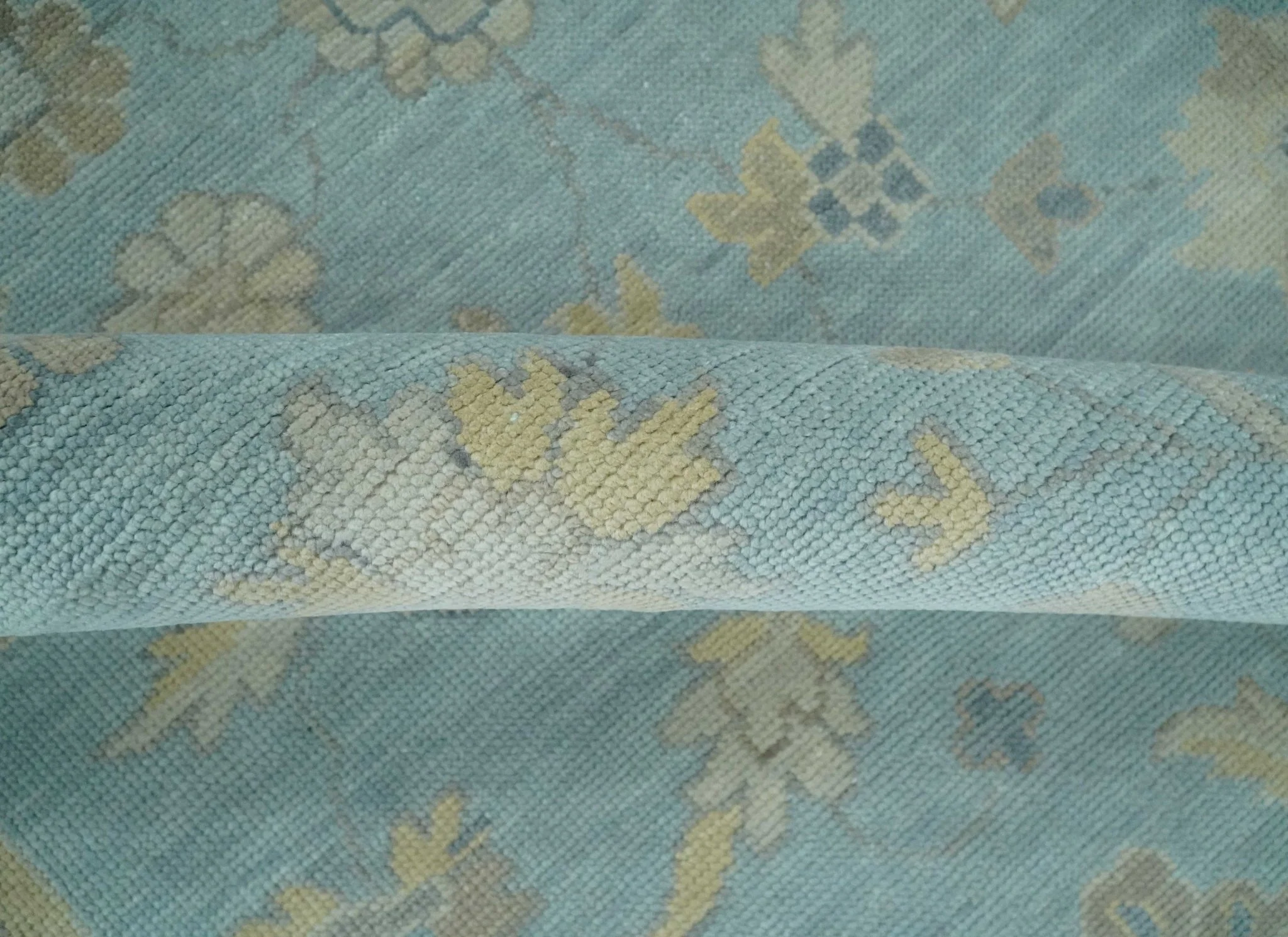 Made to Order Aqua, Beige and Ivory Hand Knotted Floral Oushak Wool Rug - Image 6