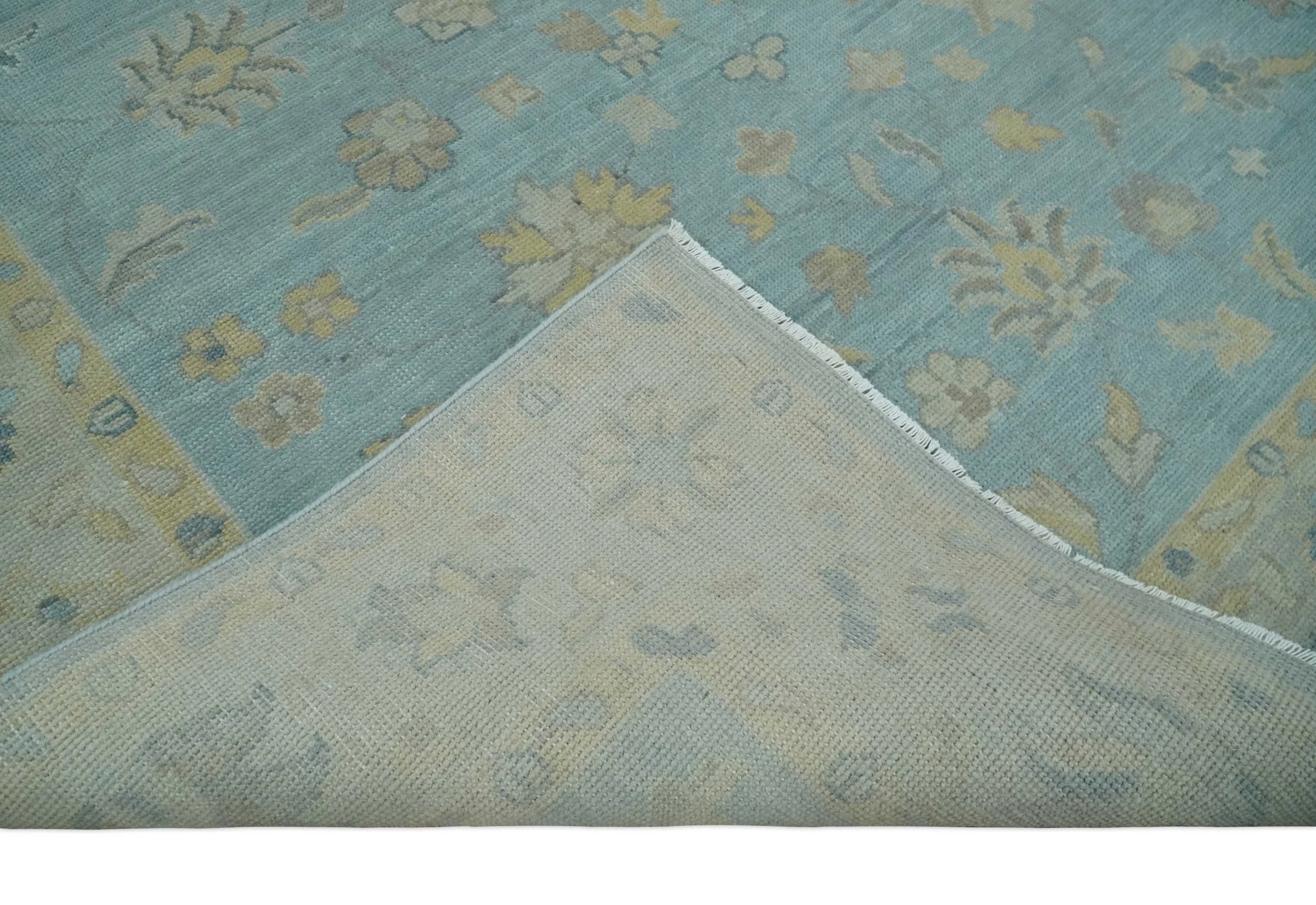 Made to Order Aqua, Beige and Ivory Hand Knotted Floral Oushak Wool Rug - Image 7