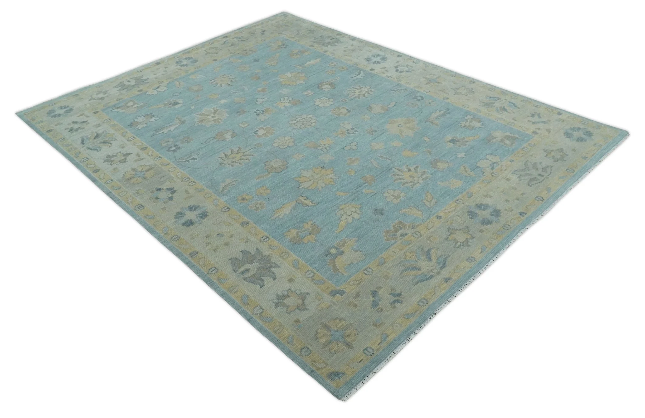 Made to Order Aqua, Beige and Ivory Hand Knotted Floral Oushak Wool Rug - Image 9