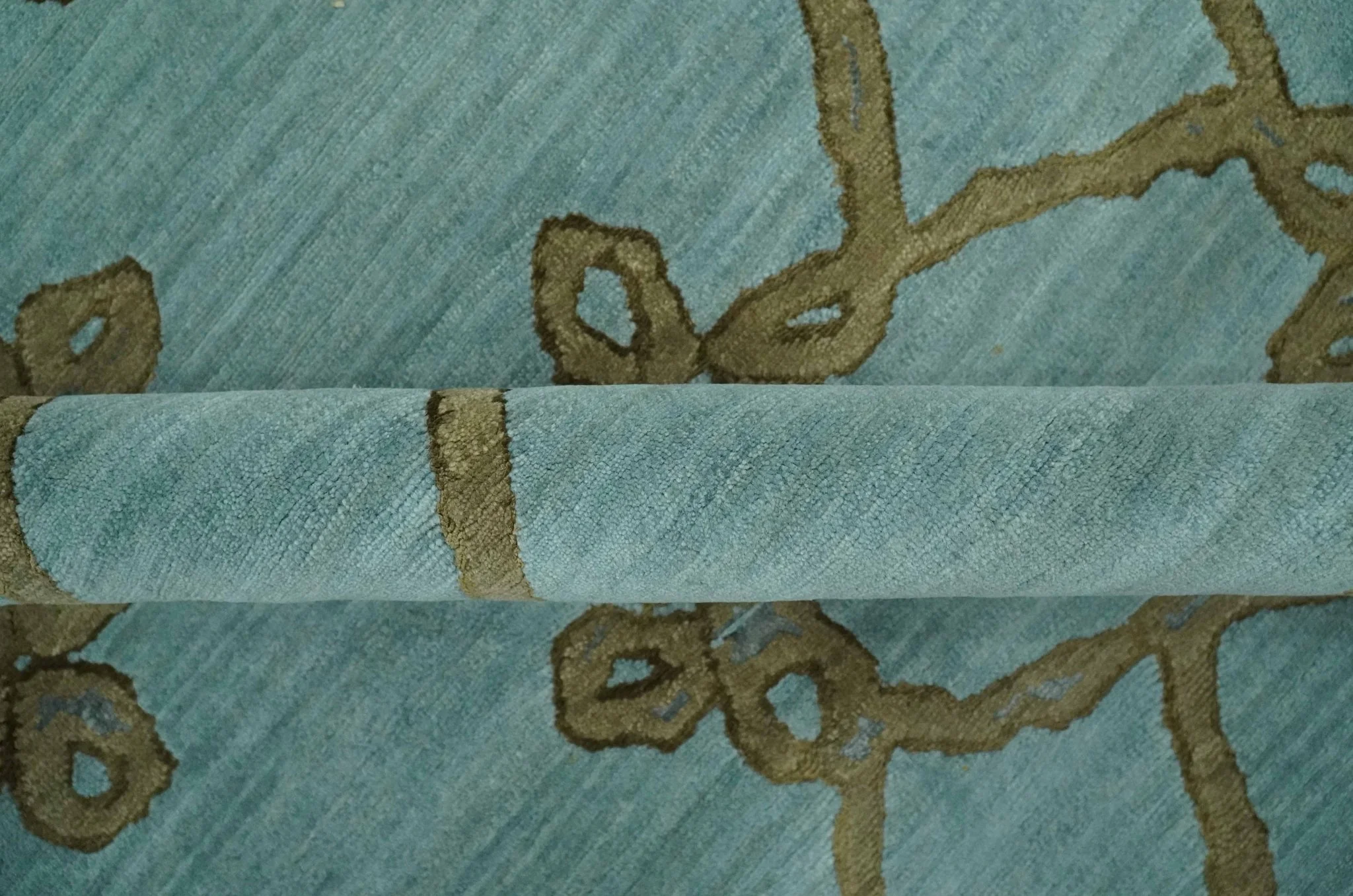 Modern Geometrical Aqua, Camel and Charcoal 6x9 Hand loom Wool and Art Silk Area Rug - Image 3