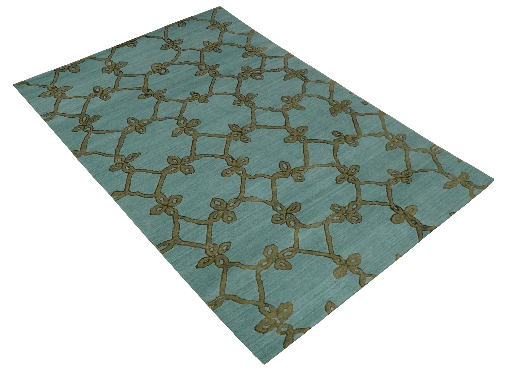 Modern Geometrical Aqua, Camel and Charcoal 6x9 Hand loom Wool and Art Silk Area Rug - Image 9