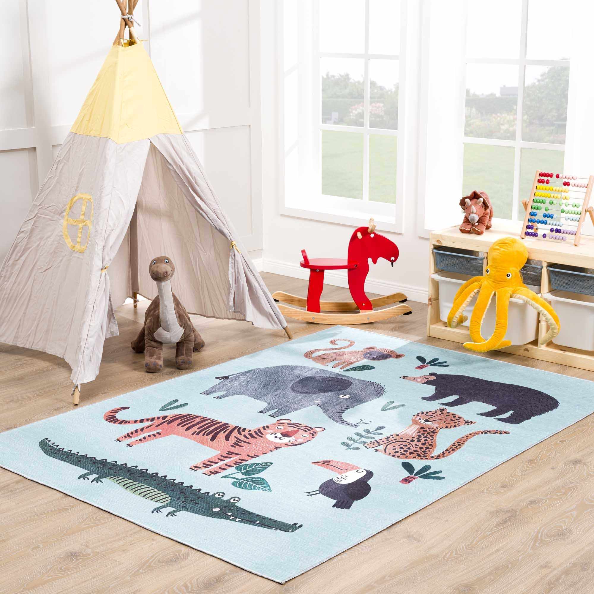 Aqua Colorful Animal Jungle Printed Washable Kids Rug - Image 2