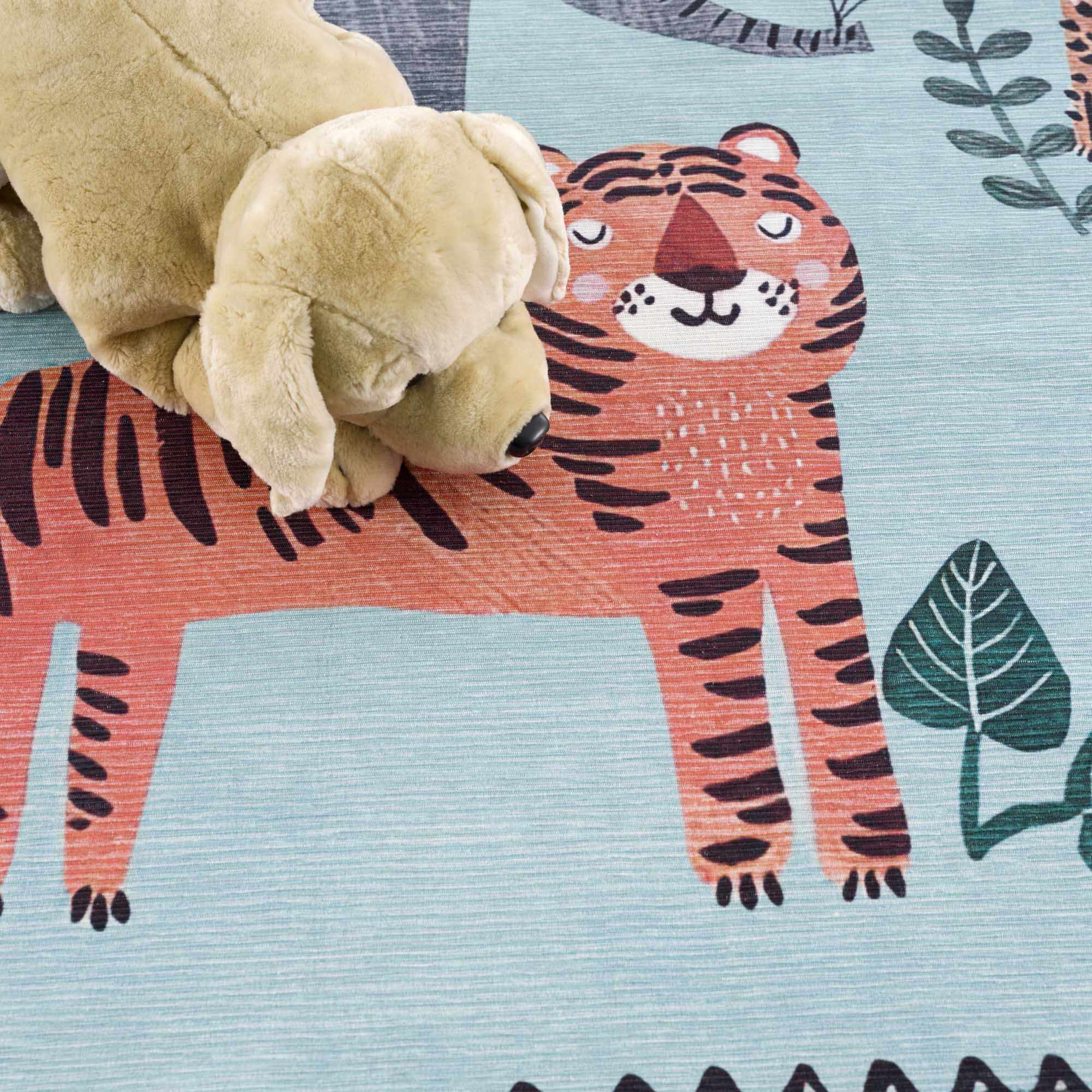 Aqua Colorful Animal Jungle Printed Washable Kids Rug - Image 9