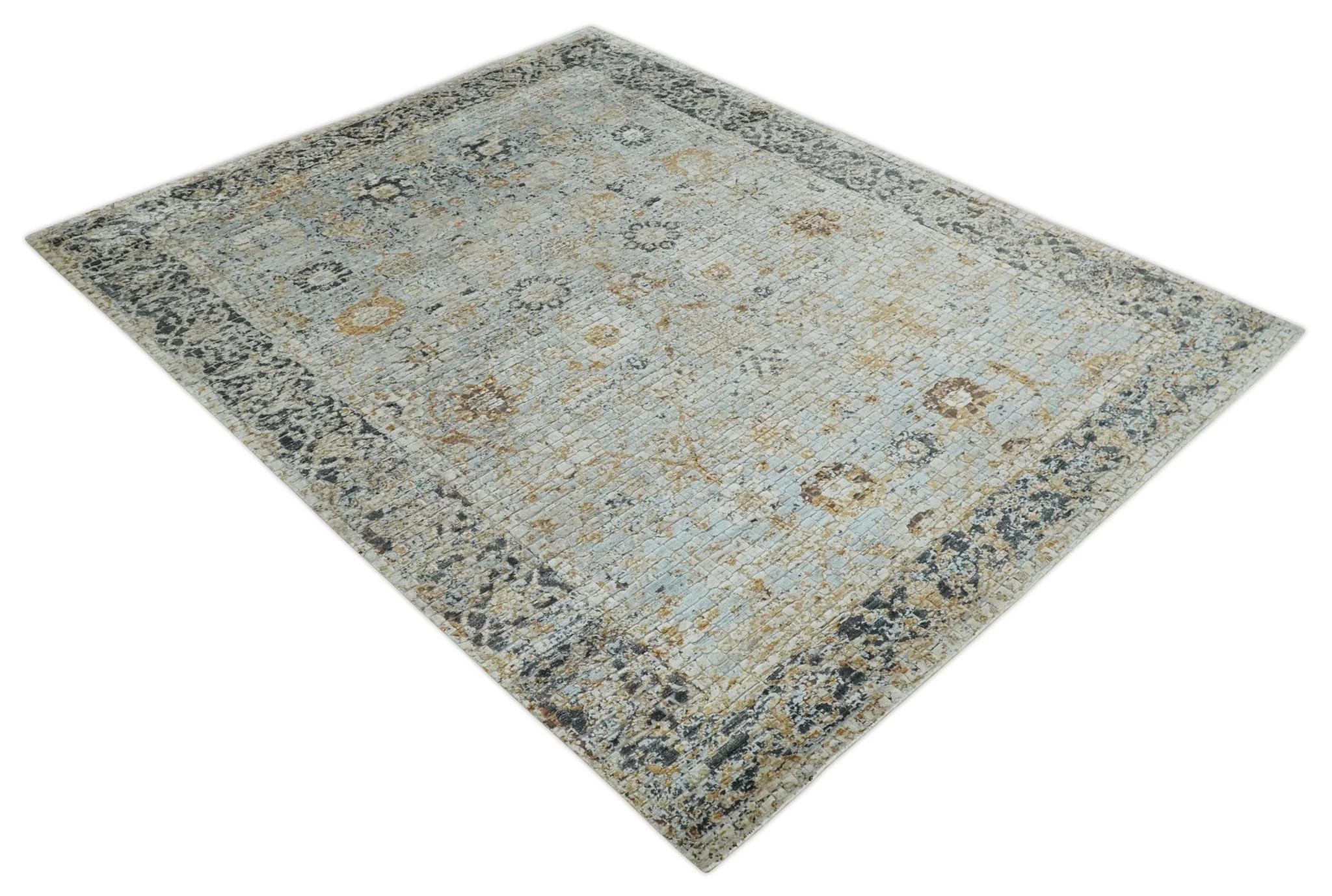 Antique look Aqua, Gold and Charcoal Hand Knotted Carved Texture Traditional Oriental Oushak 8x10 wool Area Rug - Image 10
