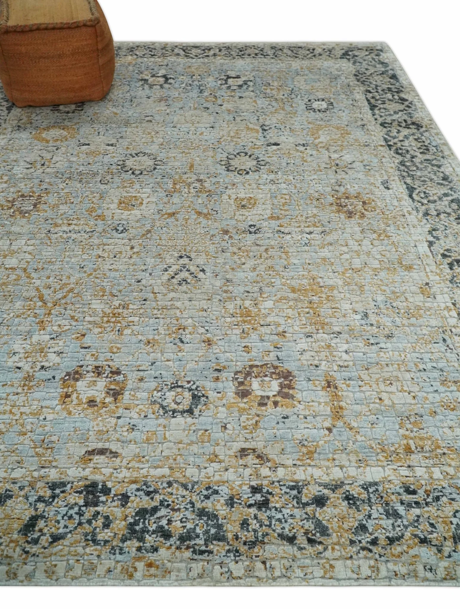 Antique look Aqua, Gold and Charcoal Hand Knotted Carved Texture Traditional Oriental Oushak 8x10 wool Area Rug - Image 3