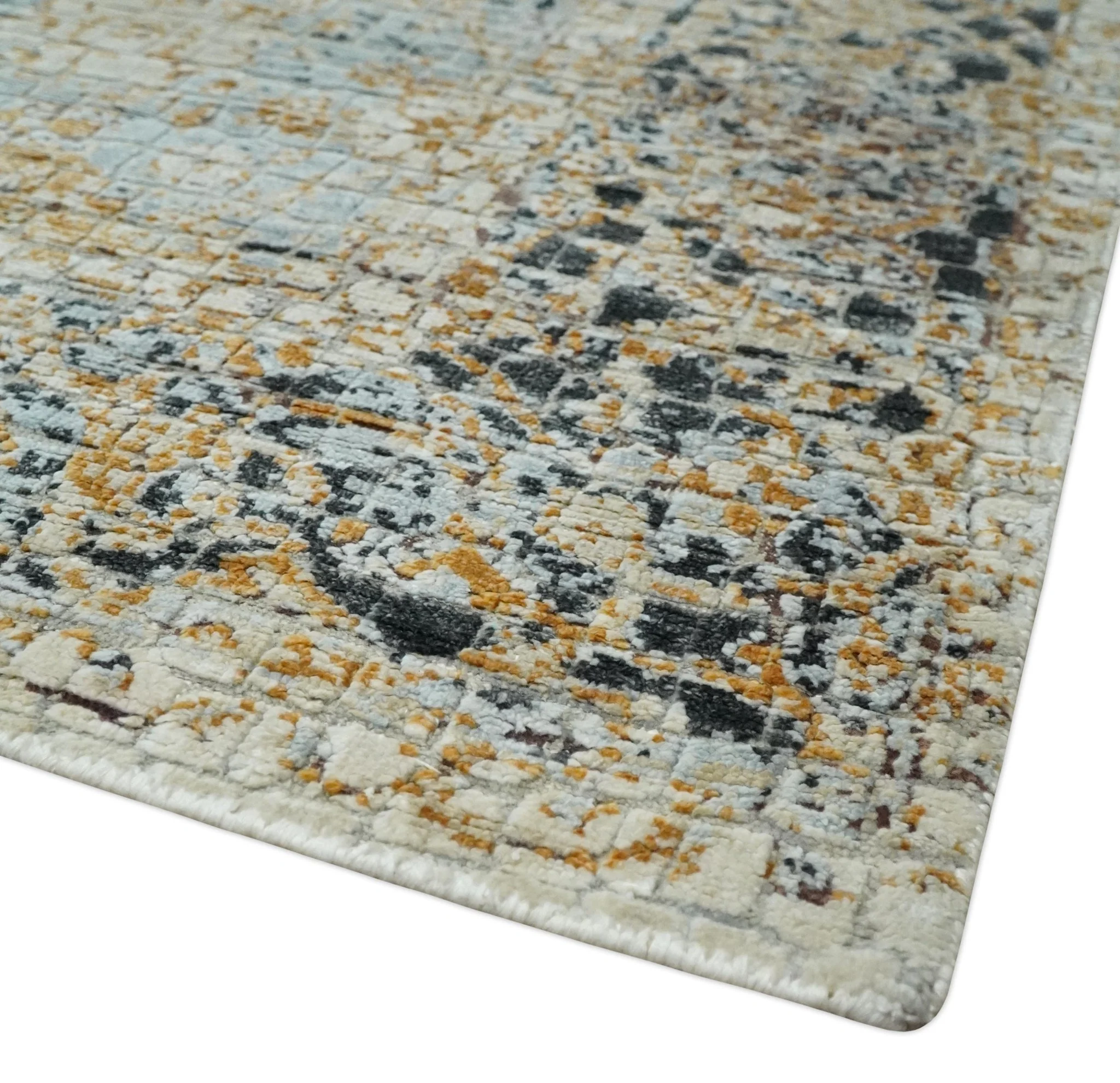 Antique look Aqua, Gold and Charcoal Hand Knotted Carved Texture Traditional Oriental Oushak 8x10 wool Area Rug - Image 5