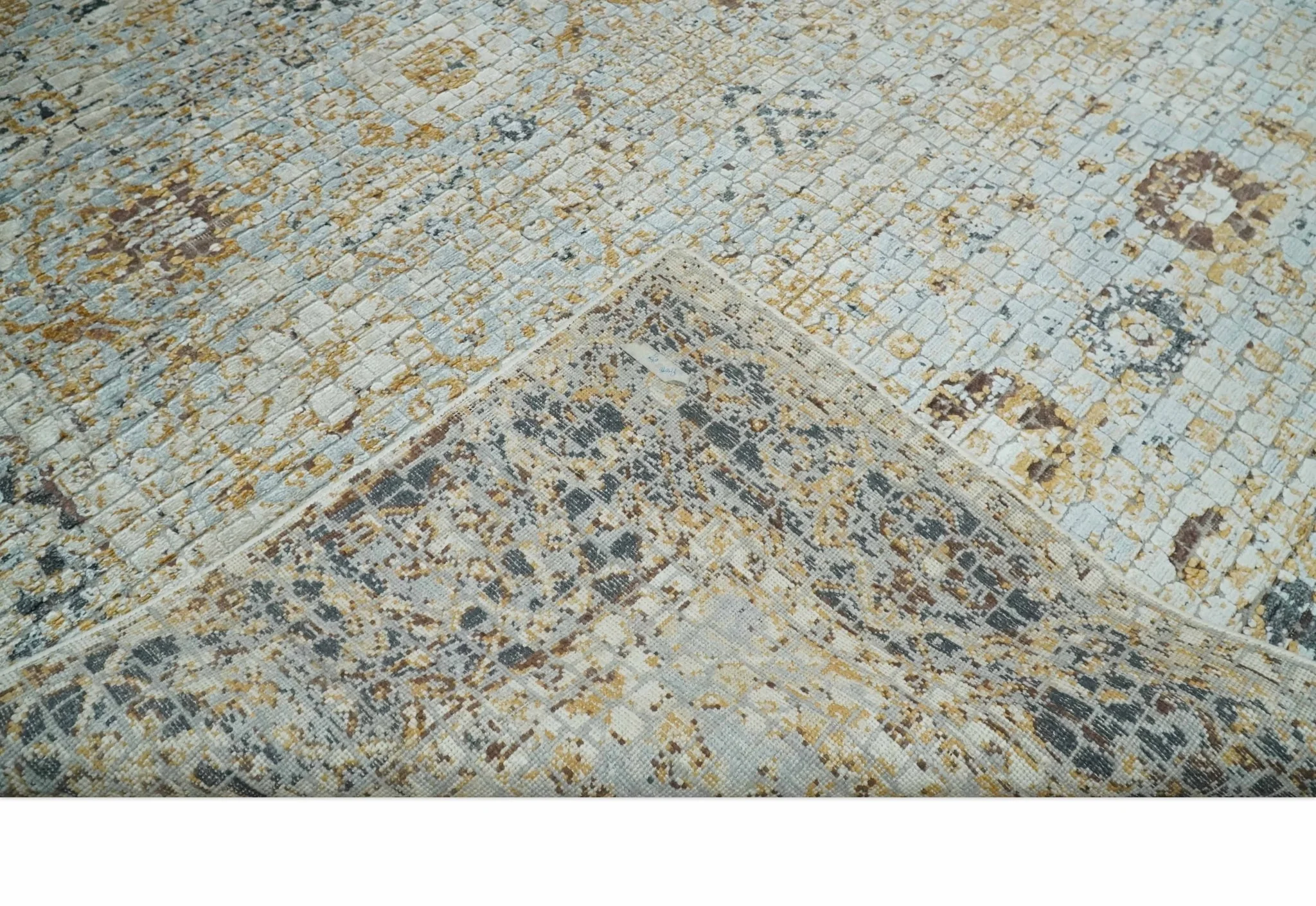 Antique look Aqua, Gold and Charcoal Hand Knotted Carved Texture Traditional Oriental Oushak 8x10 wool Area Rug - Image 6