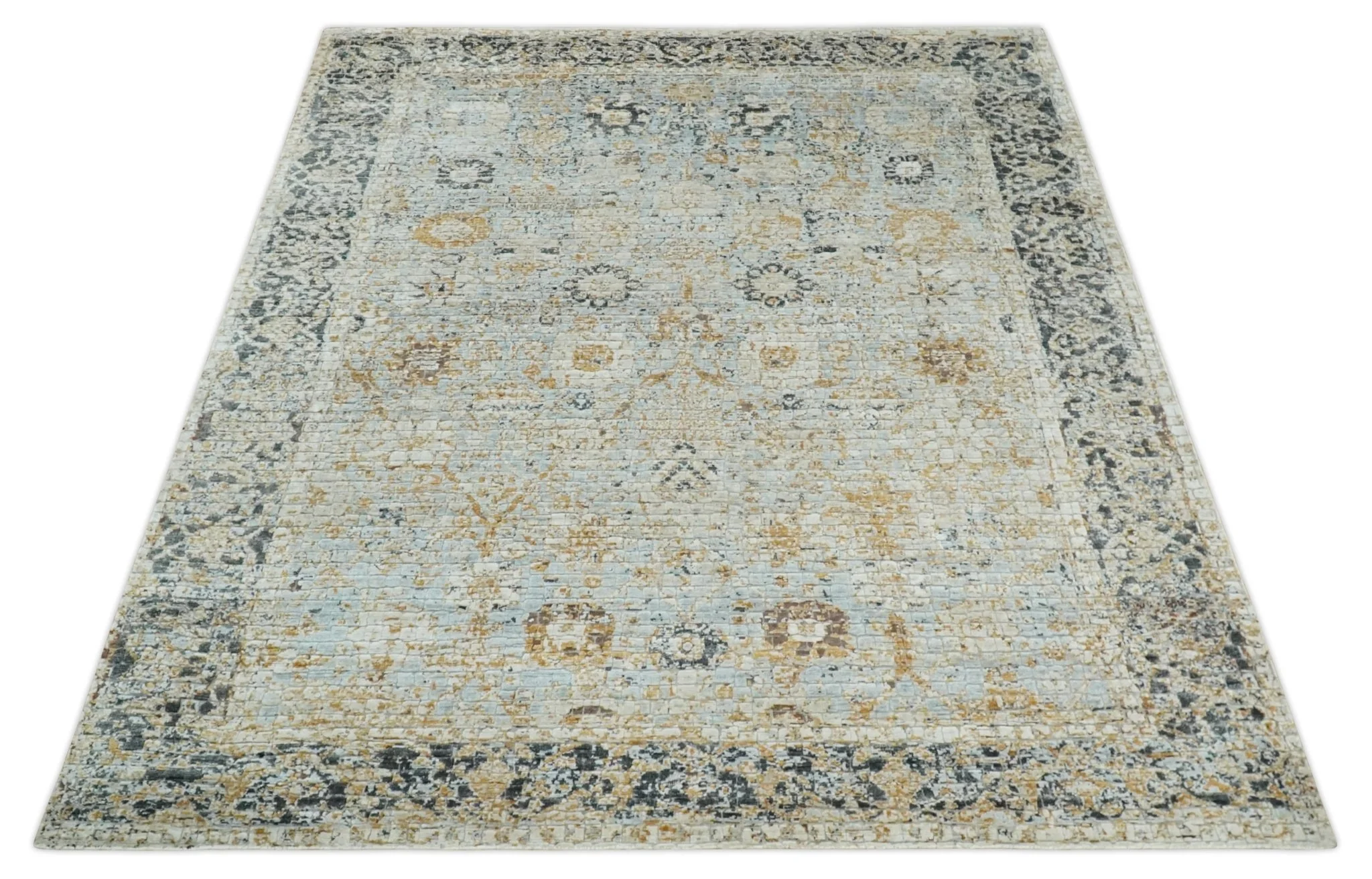 Antique look Aqua, Gold and Charcoal Hand Knotted Carved Texture Traditional Oriental Oushak 8x10 wool Area Rug - Image 9