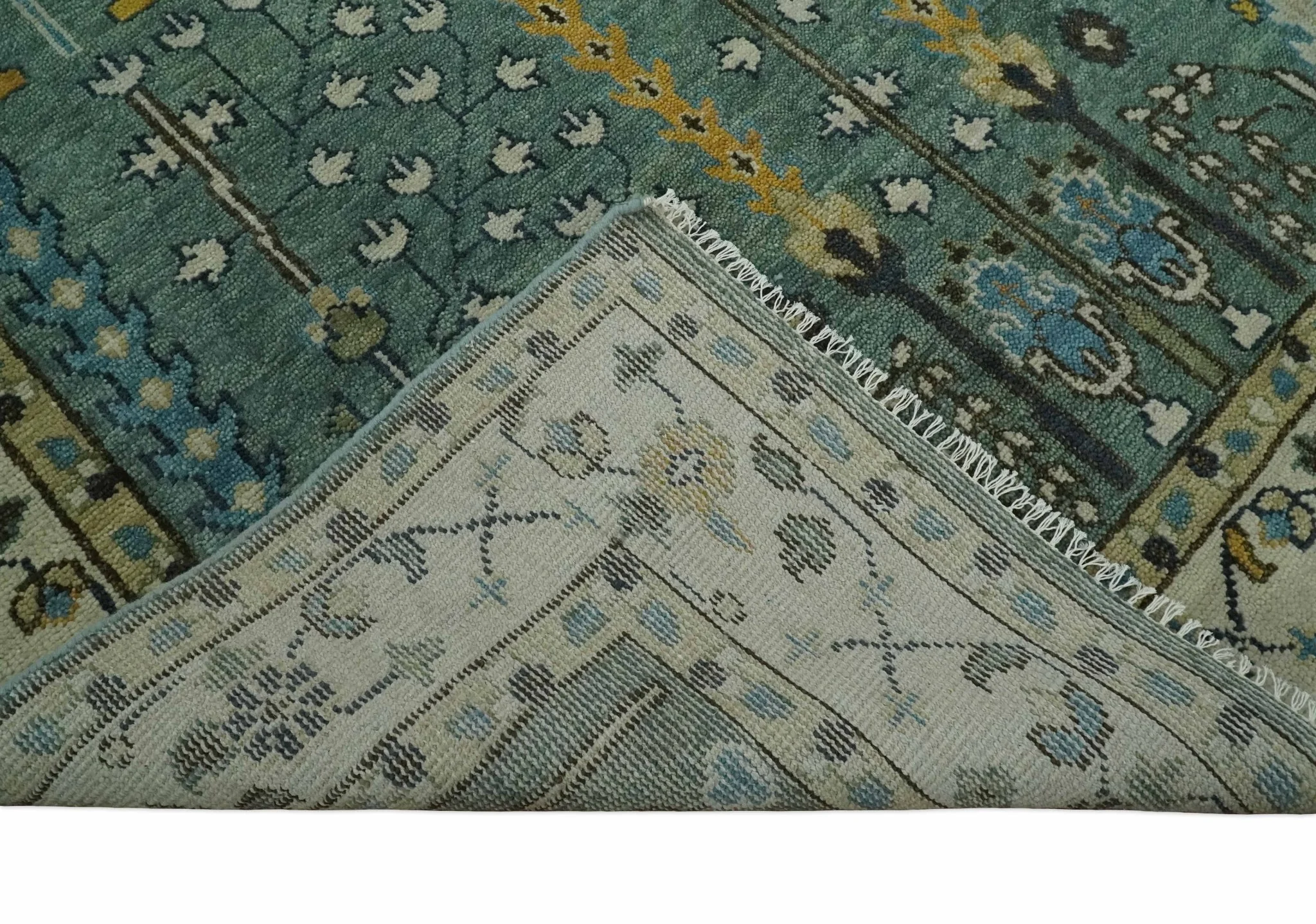 Hand Knotted Aqua Green and Ivory Traditional Turkish Vintage Style Multi Size Wool Area Rug - Image 10