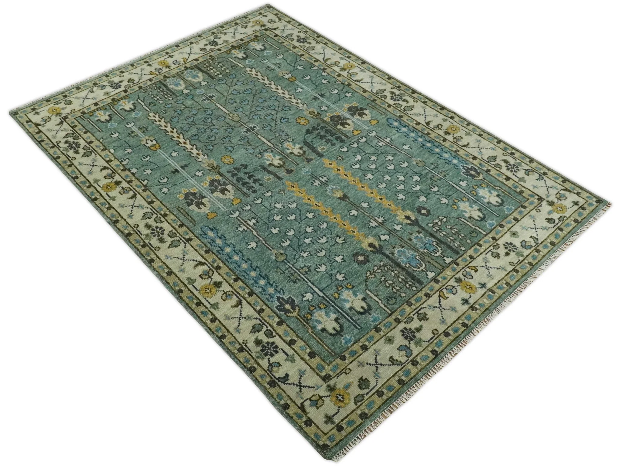 Hand Knotted Aqua Green and Ivory Traditional Turkish Vintage Style Multi Size Wool Area Rug - Image 12
