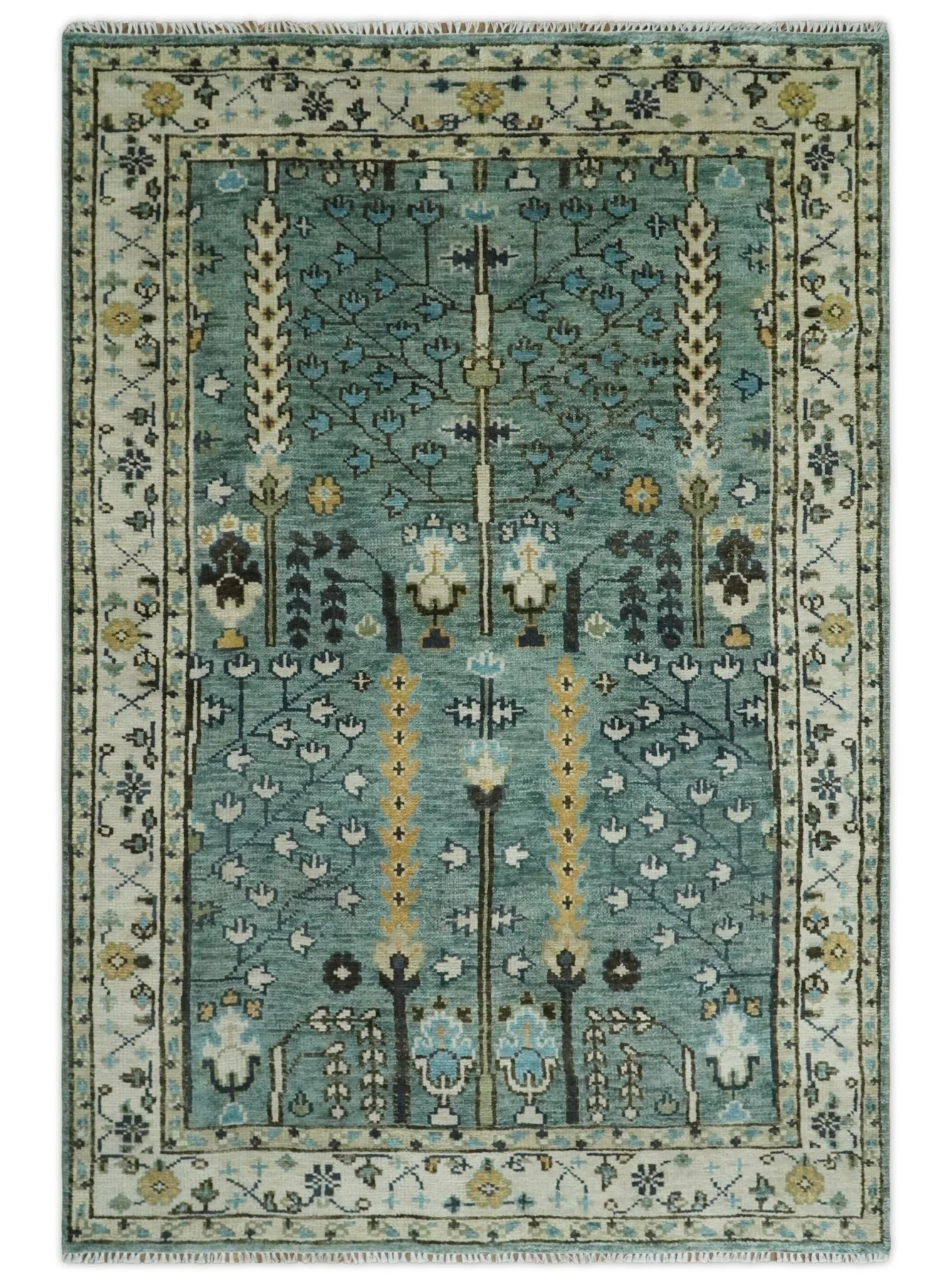 Hand Knotted Aqua Green and Ivory Traditional Turkish Vintage Style Multi Size Wool Area Rug - Image 15