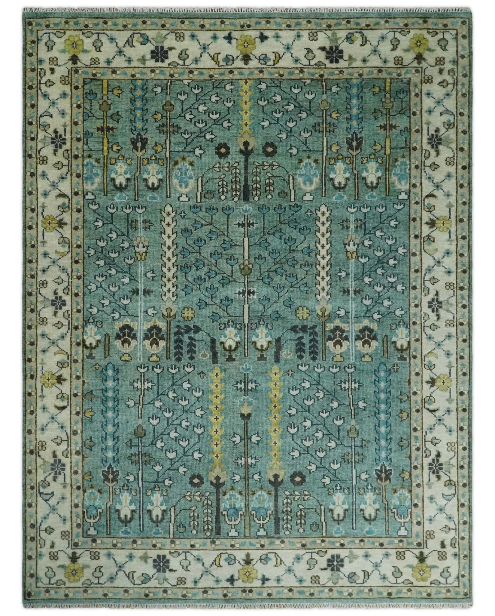 Hand Knotted Aqua Green and Ivory Traditional Turkish Vintage Style Multi Size Wool Area Rug - Image 16